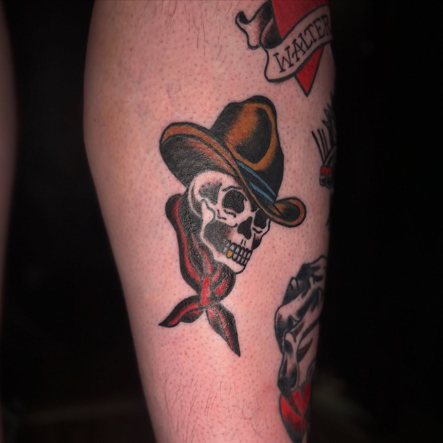 Cowboy skull American traditional tattoo on the forearm by Rachel