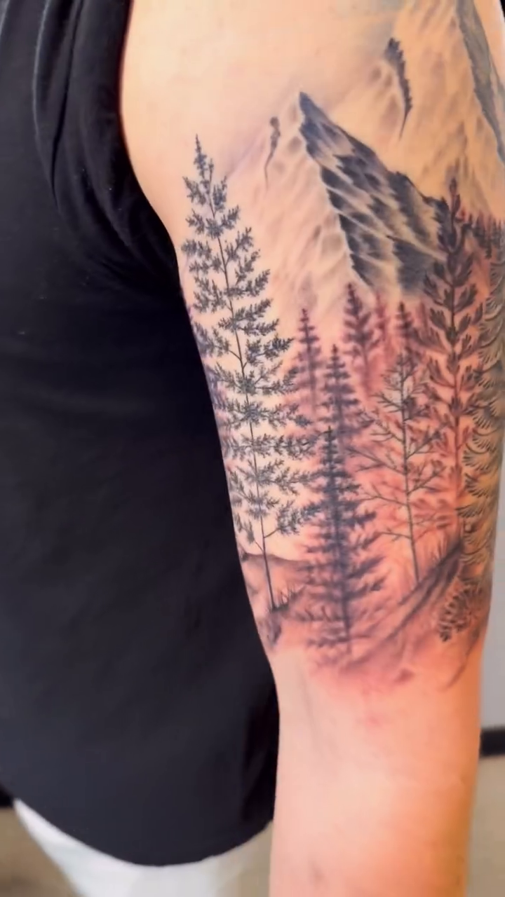 Forest and mountains realism tattoo by Tattoos by Hanna, Farmington Hills, Michigan