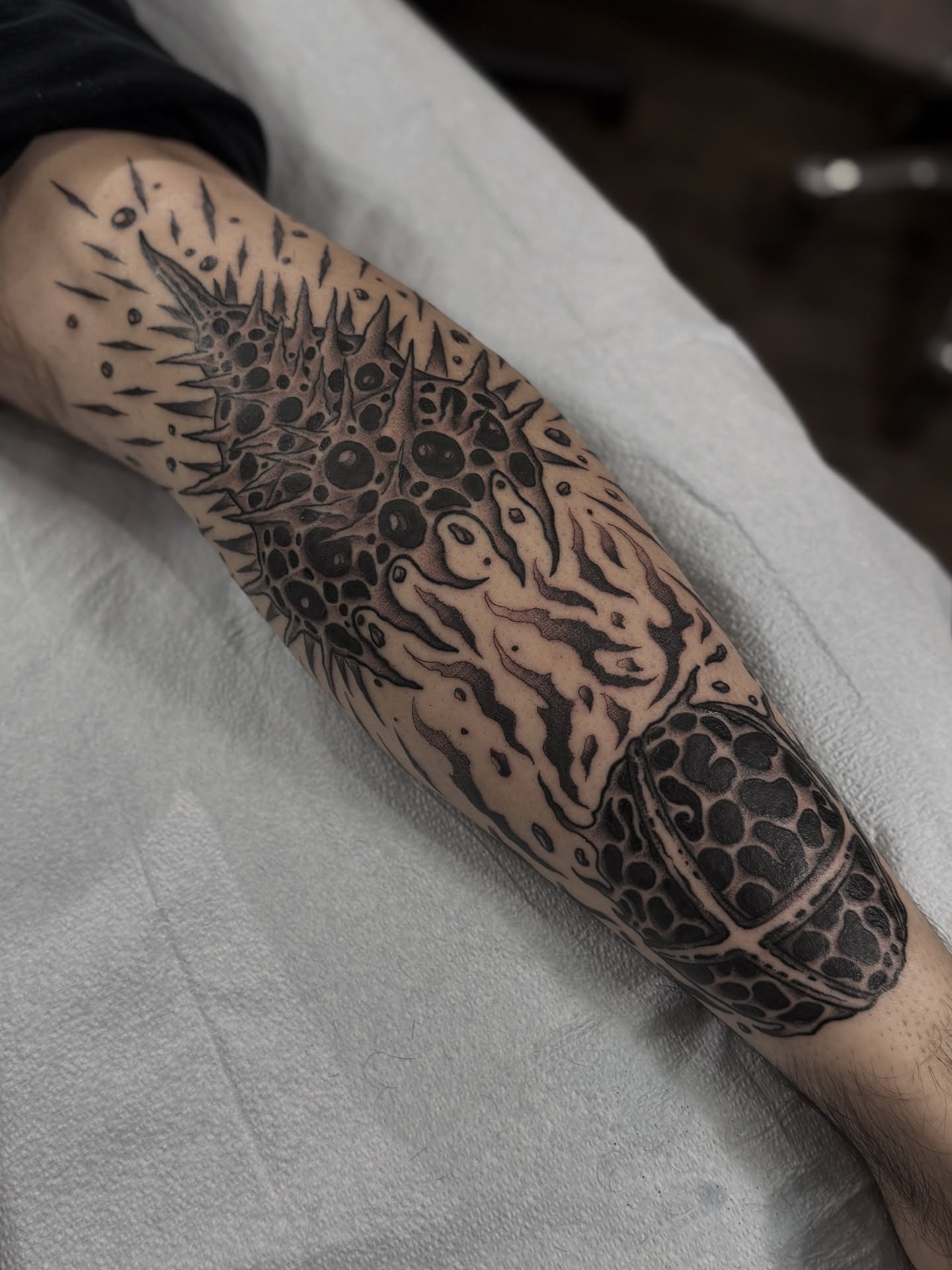 Pufferfish black and grey tattoo on the forearm by Andrew