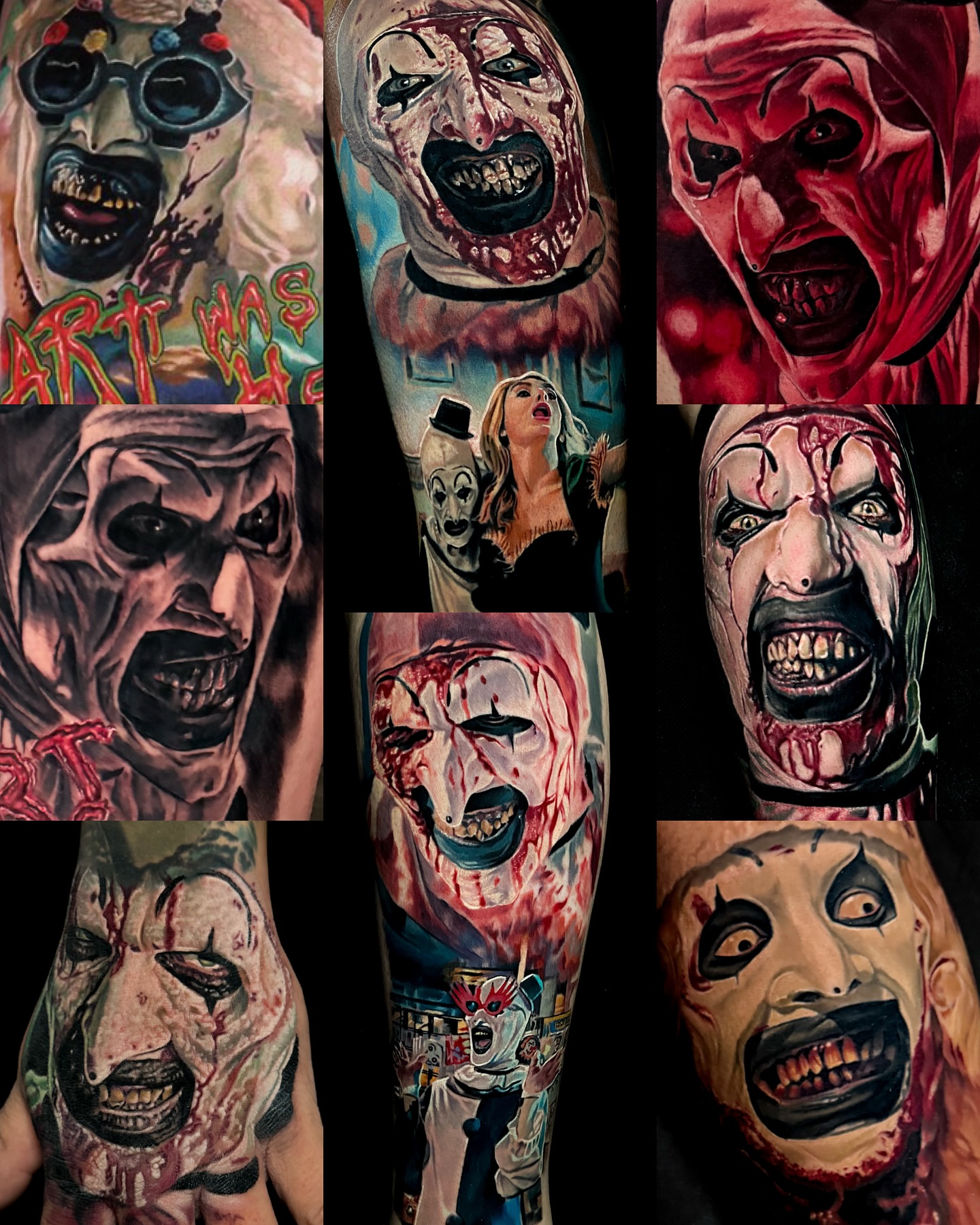 Horror clown dark realism tattoo on the forearm by Dave James