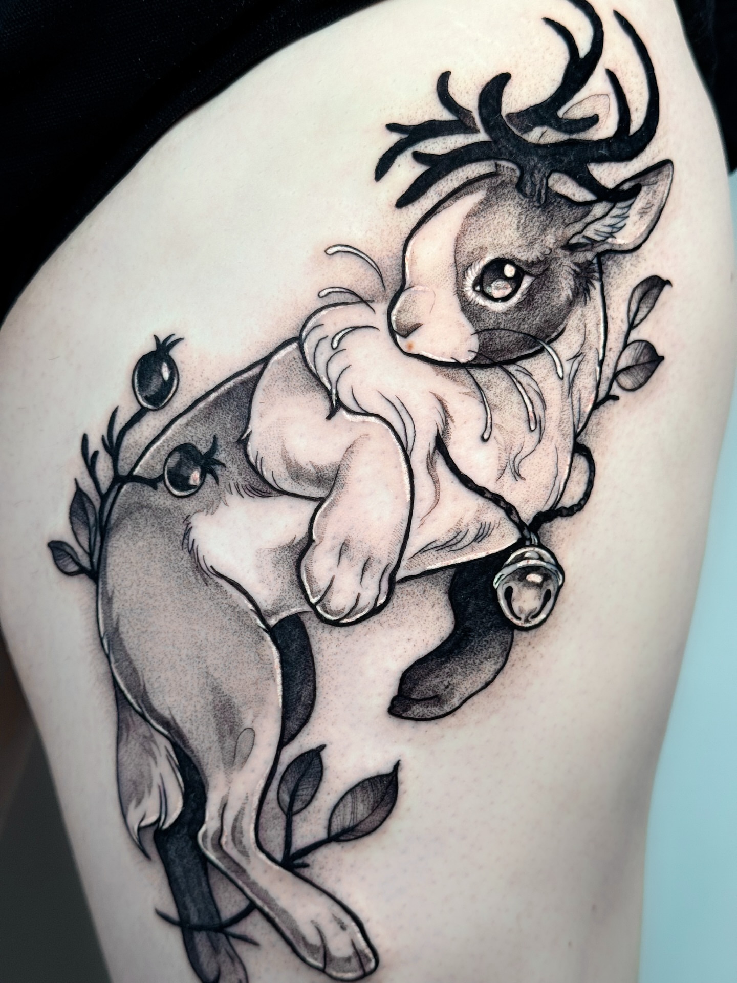 Deer and rabbit realism tattoo on the thigh by Yasemin πΉπ·π¬π§ San Jose based tattoo artist