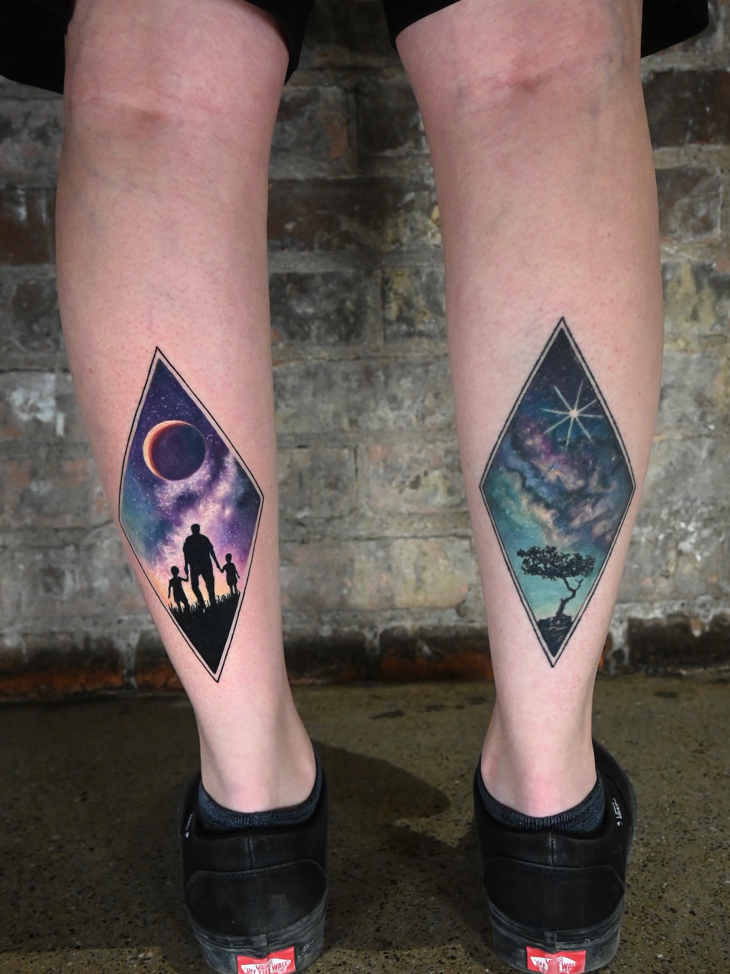 Space and family geometric tattoo on the calf by Meg Mayhem ๐จ Sarenity Tattoo