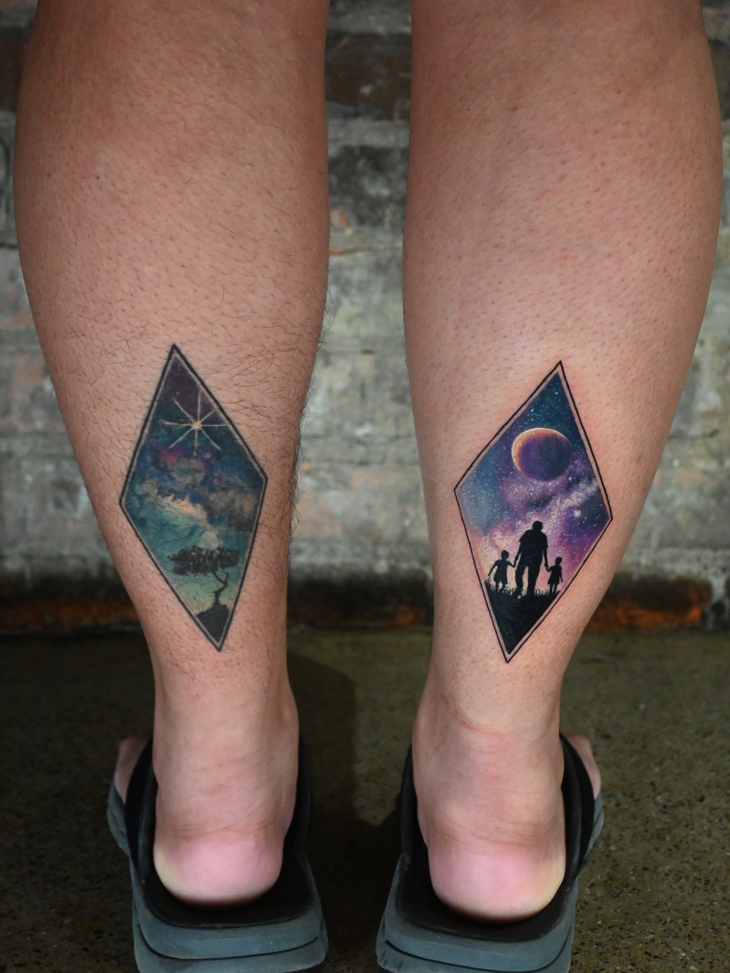 Space diamond geometric tattoo on the calf by Meg Mayhem ๐จ Sarenity Tattoo