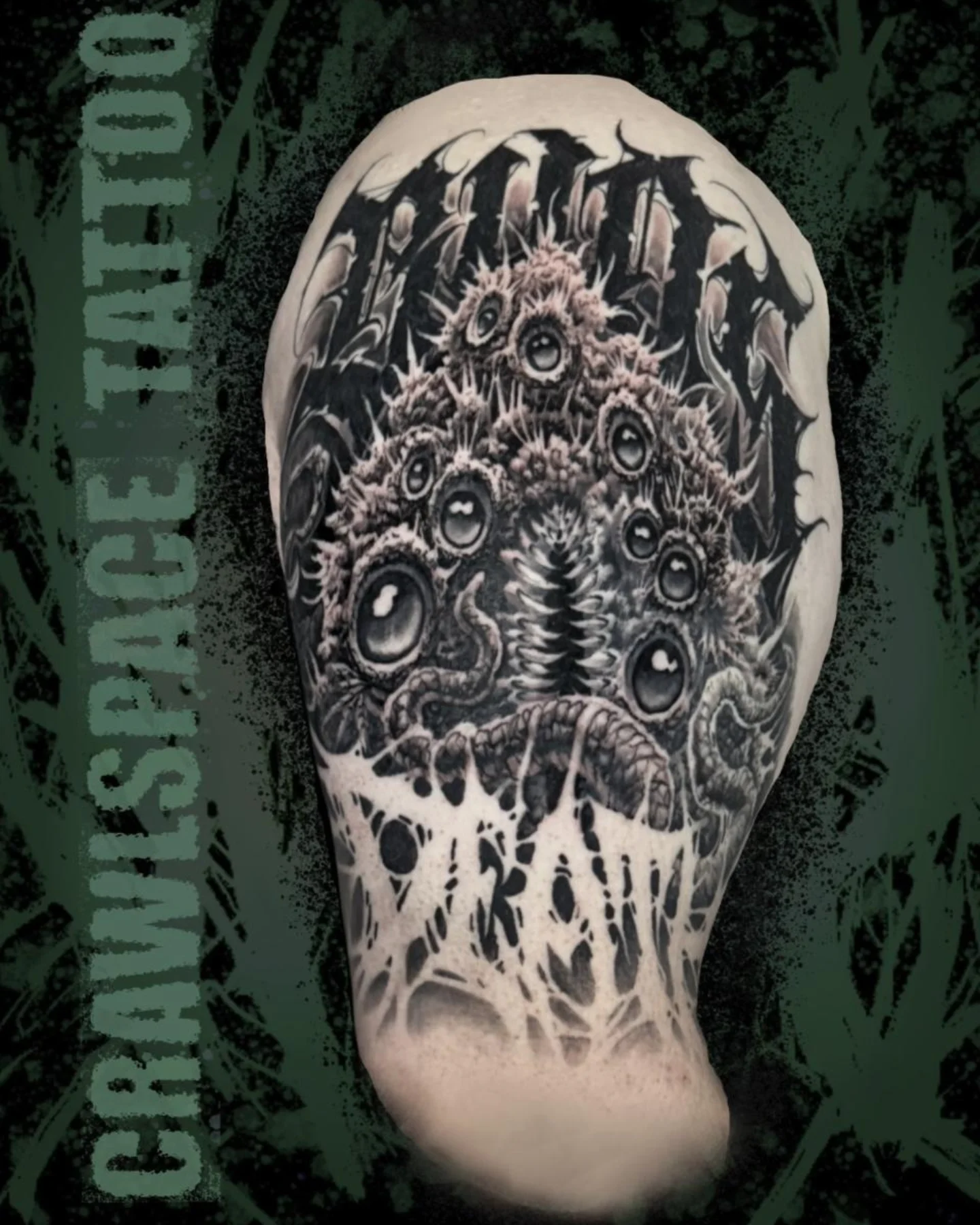 Tattoo by @crawlspace_tattoo — black_and_grey, dark_realism