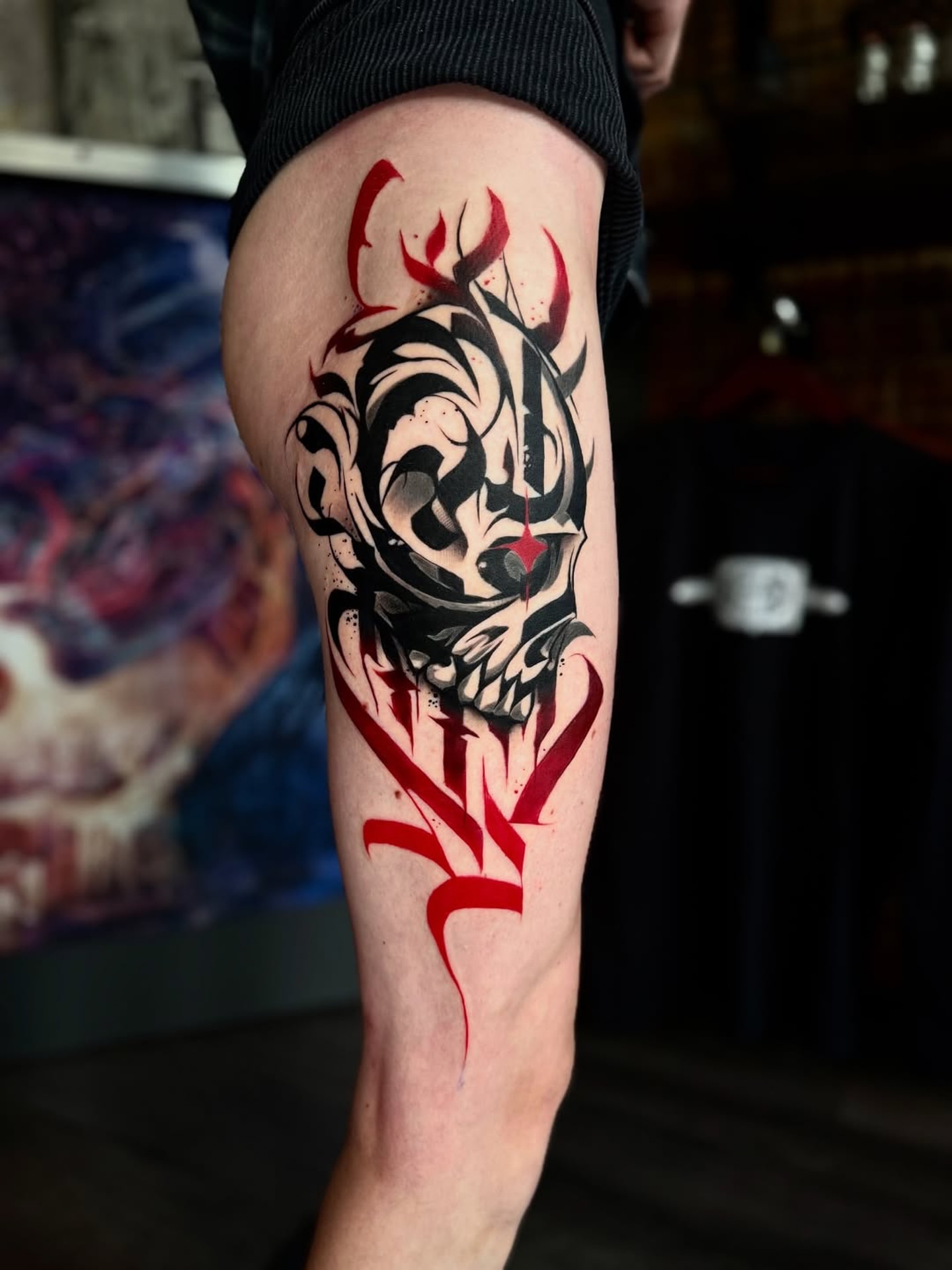 Skull tribal tattoo on the thigh by Wiser Oner- Salt Lake City Tattoo Artist, Salt Lake City, Utah