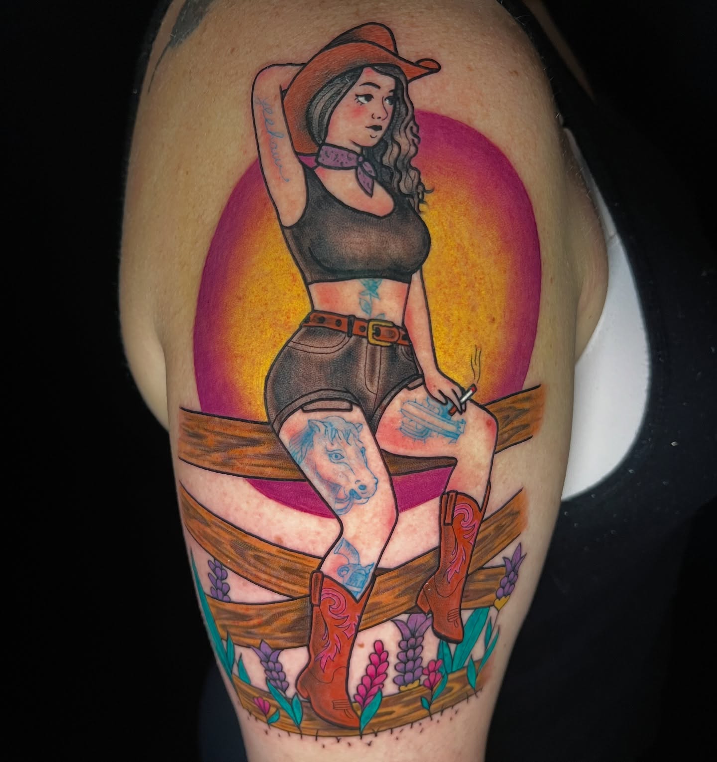 Cowgirl American traditional tattoo on the thigh by Jess Watts