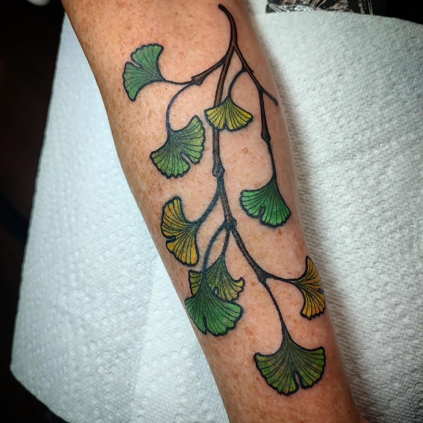 Gingko leaves dotwork tattoo on the forearm by Jennifer Fowler