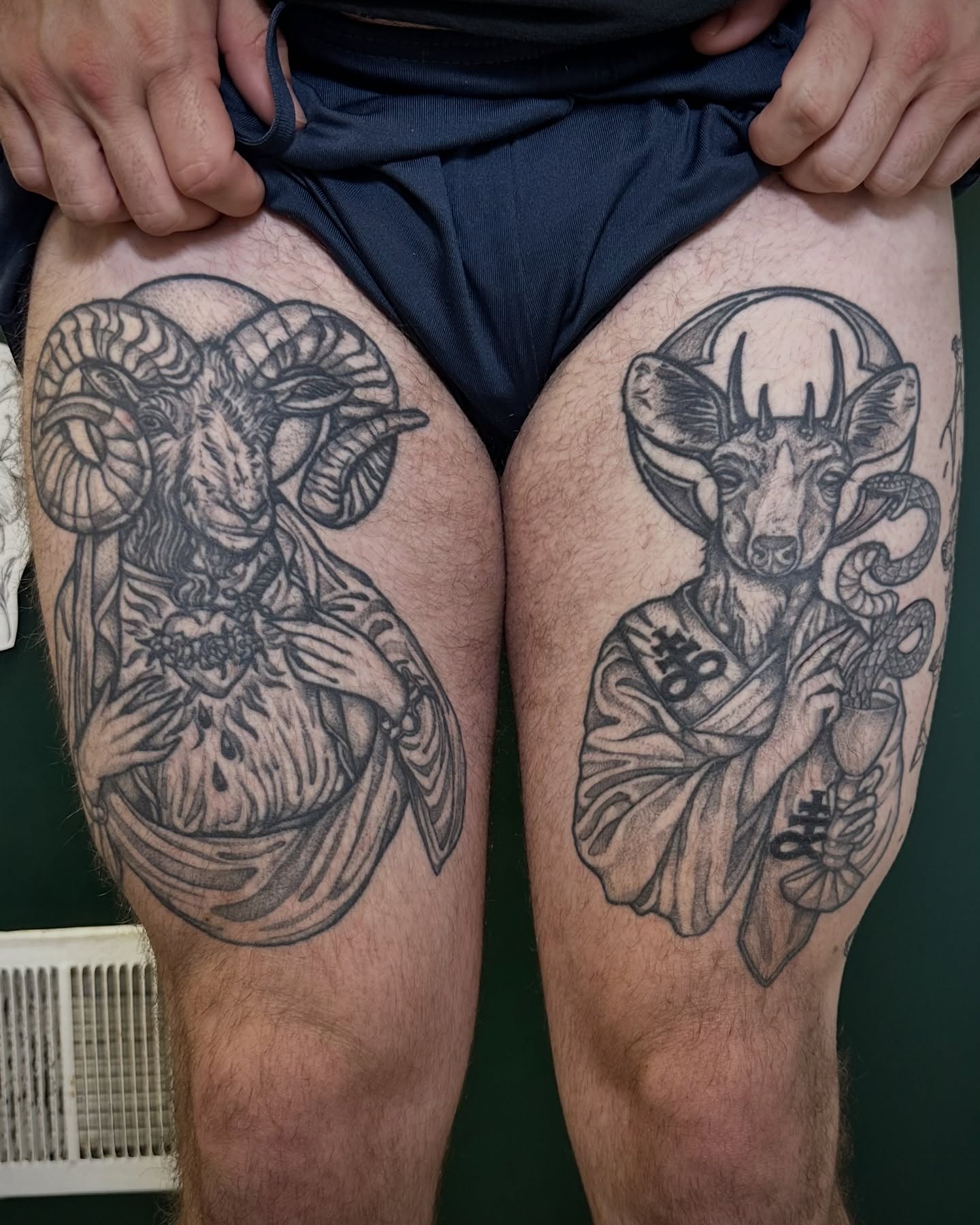 Ram and deer realism tattoo on the thigh by โฃ ๐ฝ๐๐๐๐๐ ๐ฟ๐๐๐๐๐๐๐๐๐๐๐ โฃ