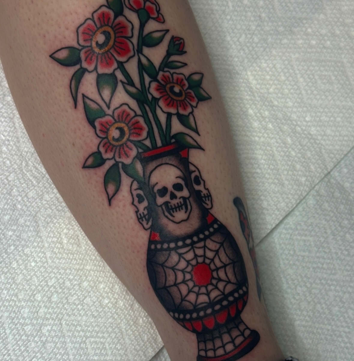 Skull vase with flowers American traditional tattoo on the forearm by ππ¦π βπ¬π²π«π±π°