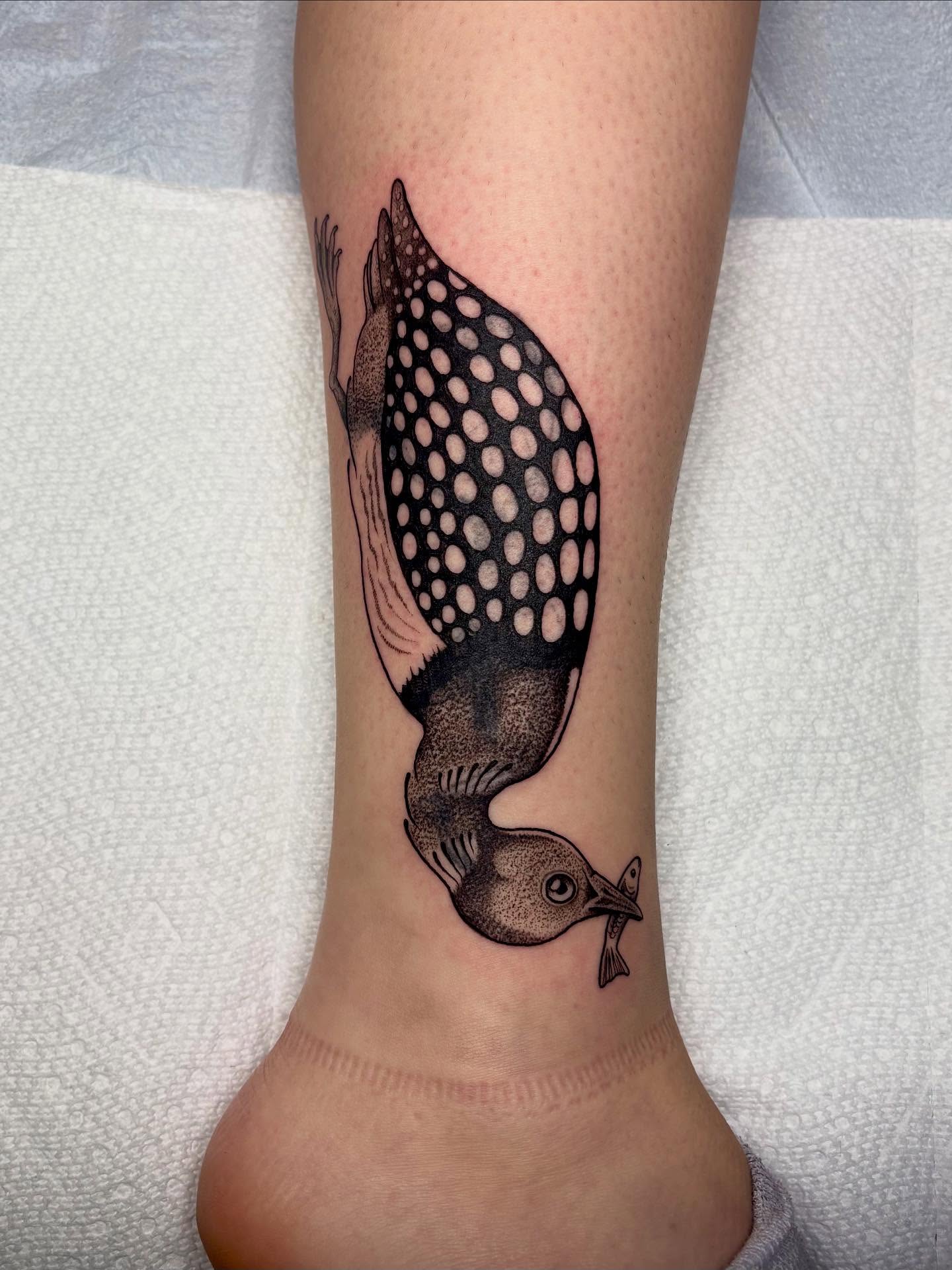Bird dotwork tattoo on the foot by ⓣⓞⓡⓘ, Bangor, Maine