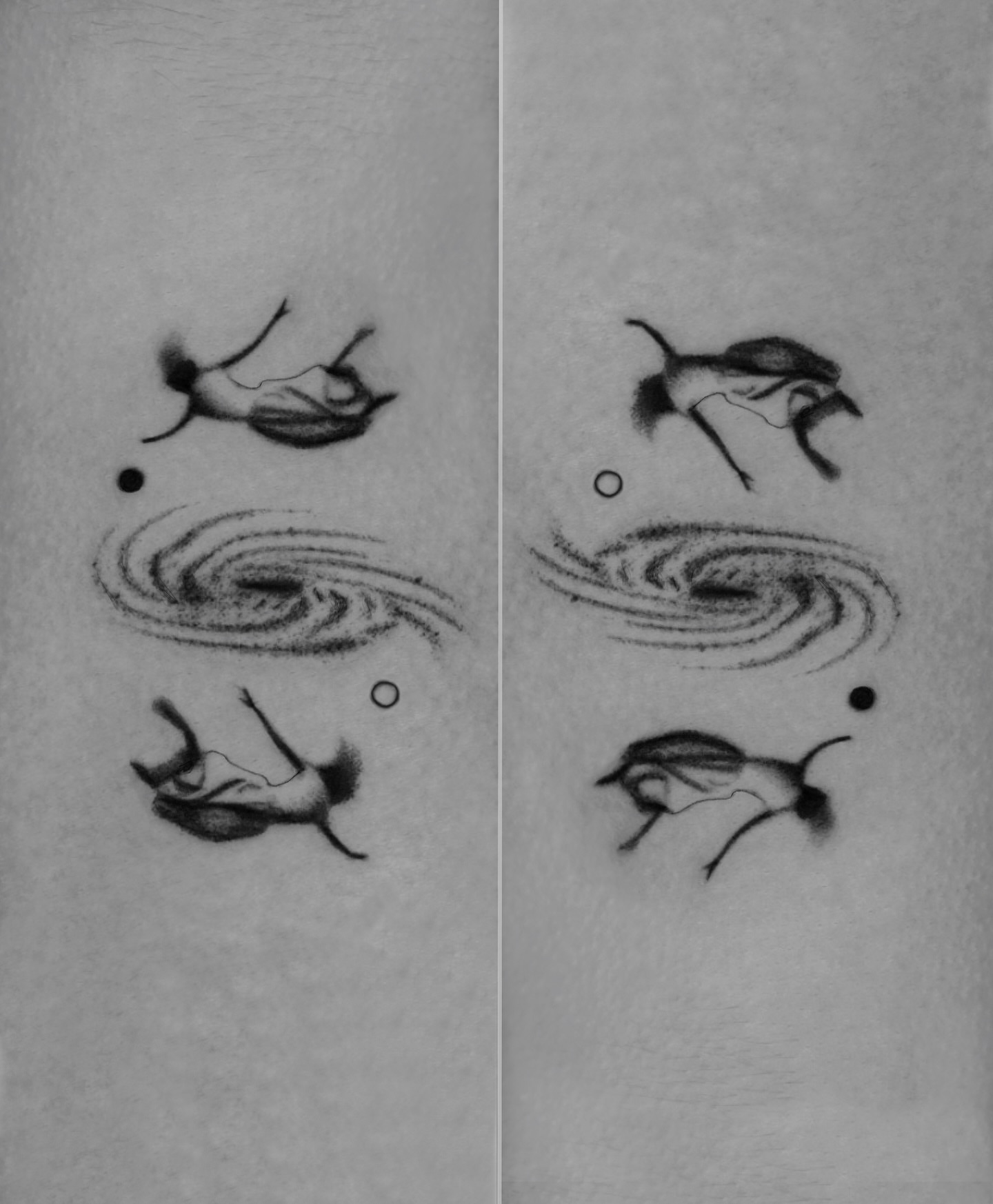 Astronaut falling black and grey tattoo on the forearm by Metin Karaatli