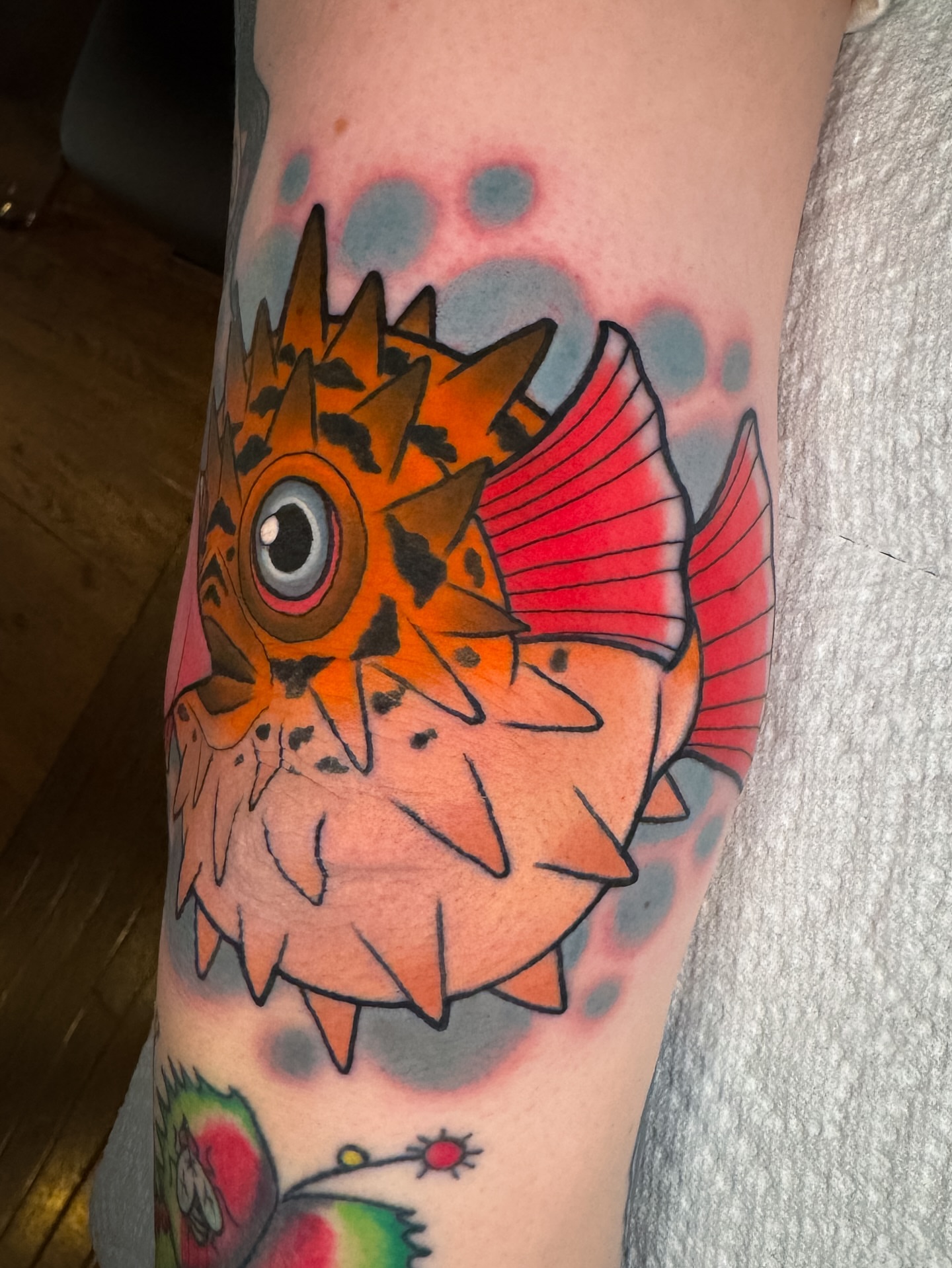 Puffer fish American traditional tattoo on the forearm by Austin Britt