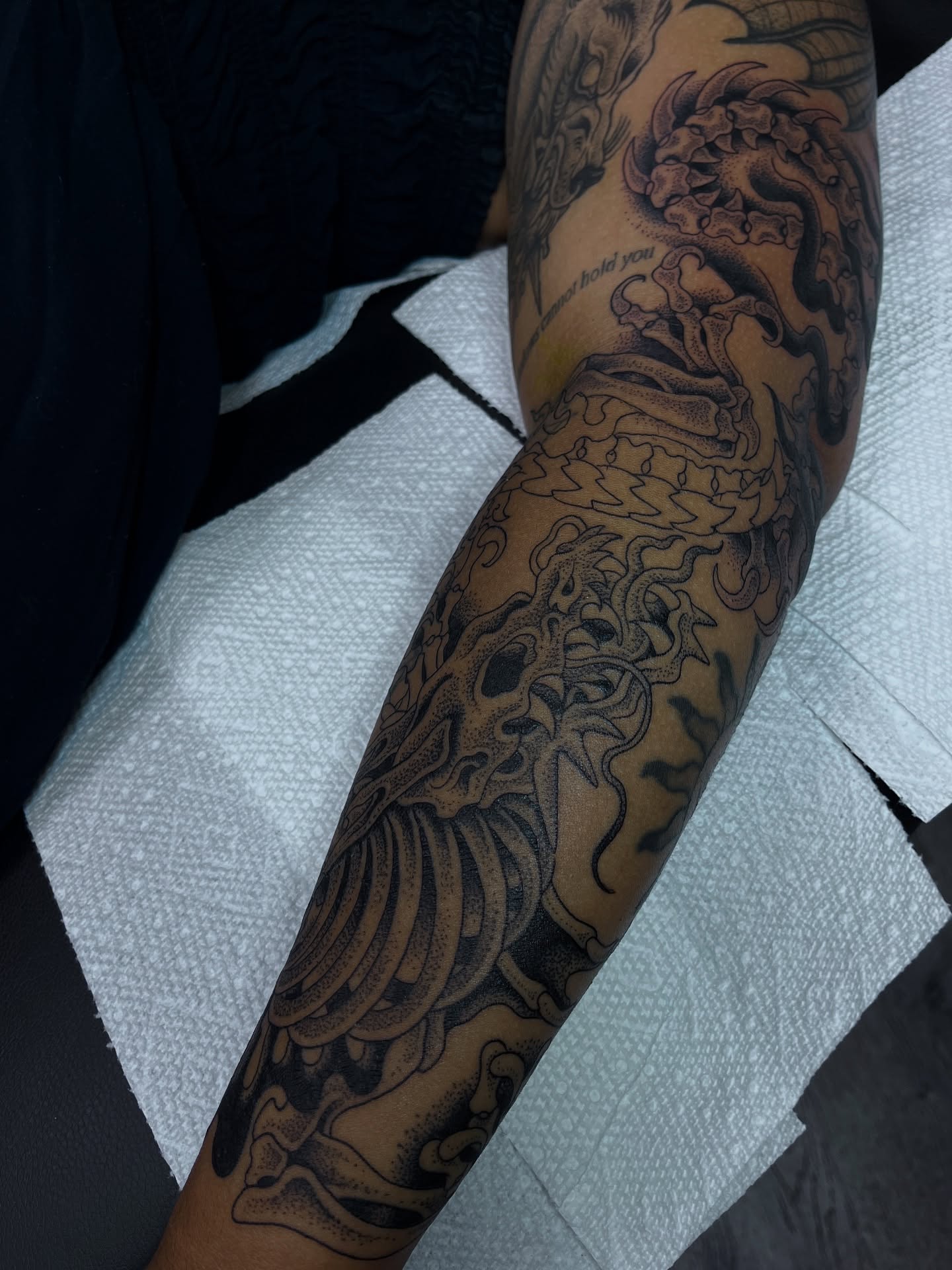 Floral design dotwork tattoo on the forearm by ☠︎ ︎𝗘𝗩𝗔 ☠︎︎