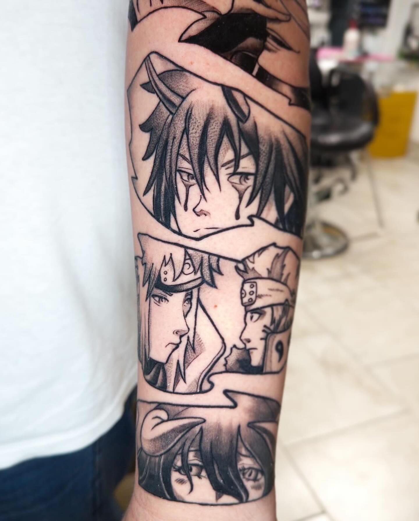 Tattoo by @bigbonedgnome — anime, black_and_grey