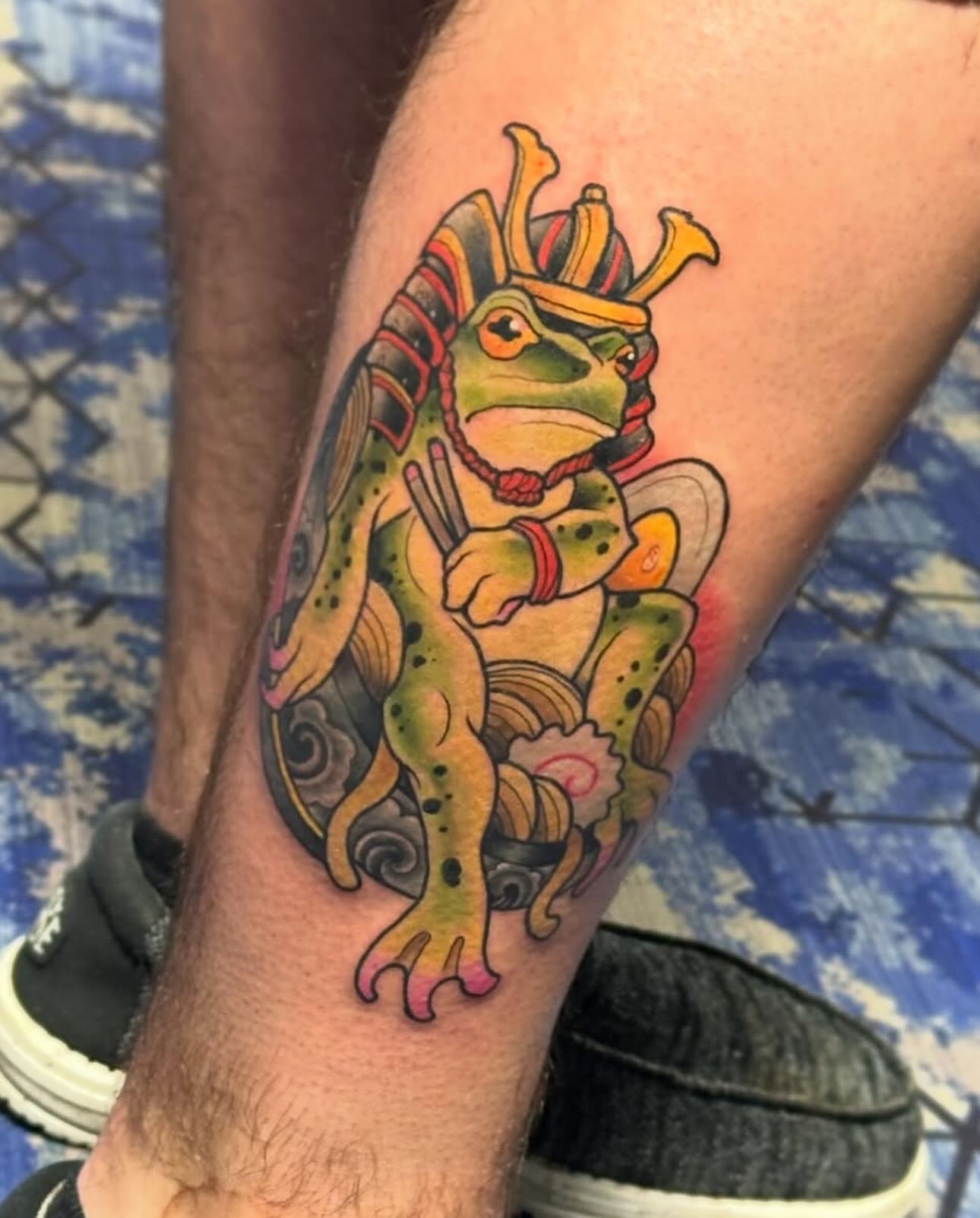 Frog samurai new school tattoo on the forearm by John Milosh Chamberlin