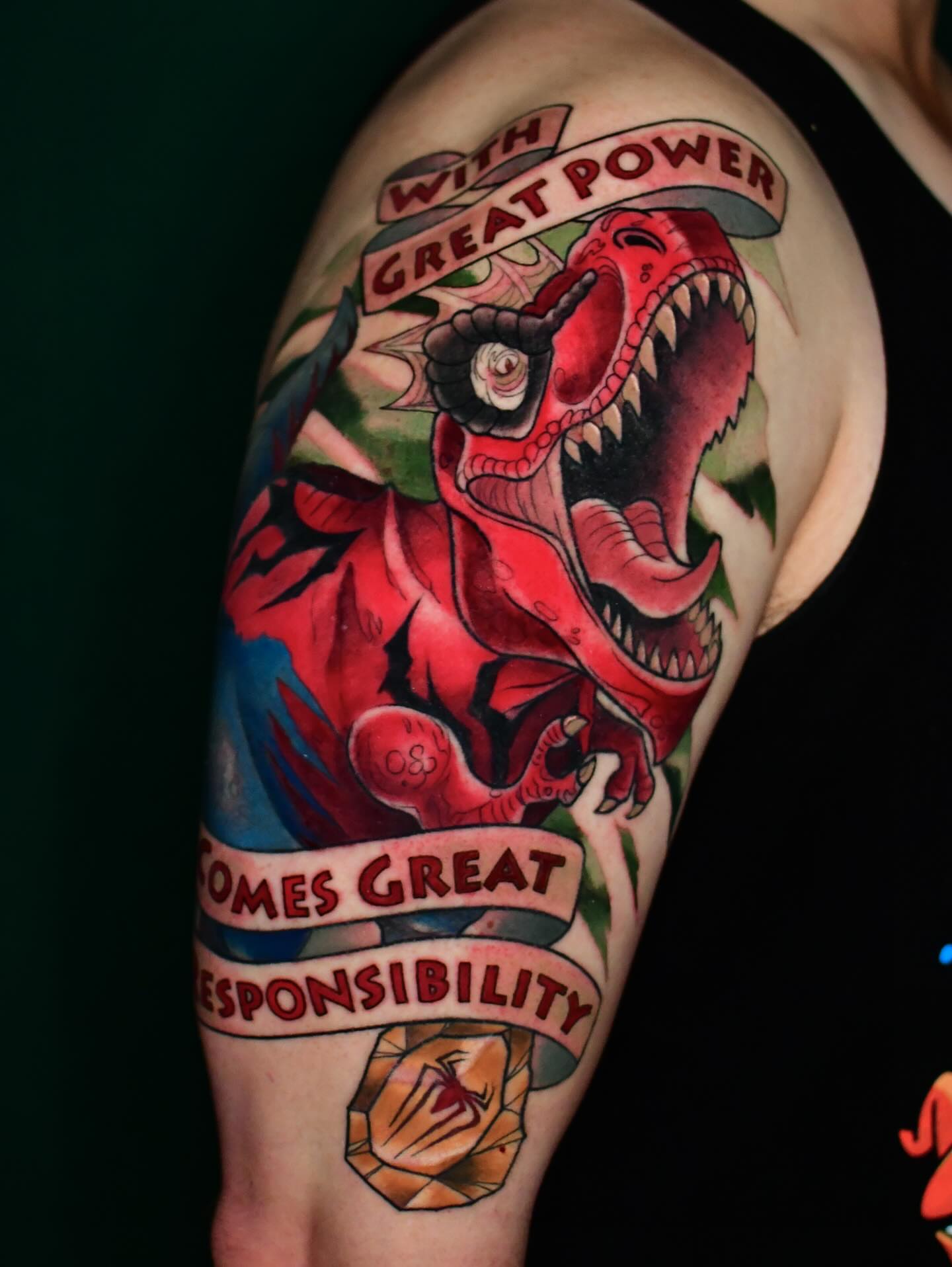 T-Rex American traditional tattoo on the shoulder by Karina πΌ Orange County Tattoo Artist