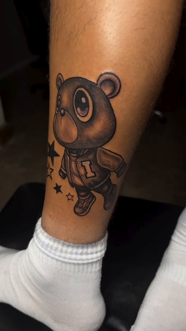 Kanye Bear character realism tattoo by Left My Mark