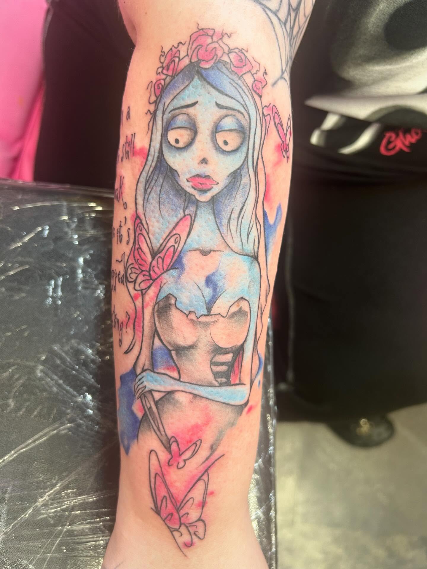 Corpse Bride anime tattoo on the forearm by Big Mar, Rocky Hill, Connecticut