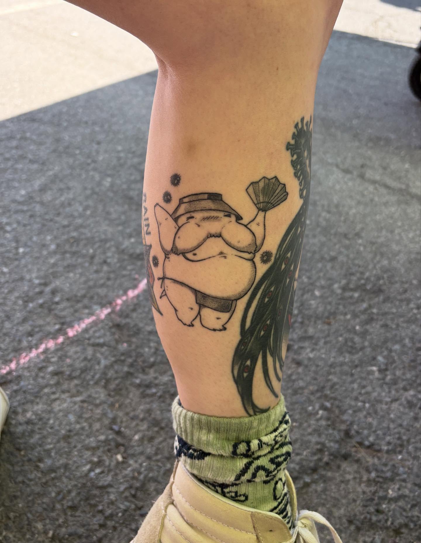 Fat character with fan dotwork tattoo on the forearm by ⓣⓞⓡⓘ, Bangor, Maine