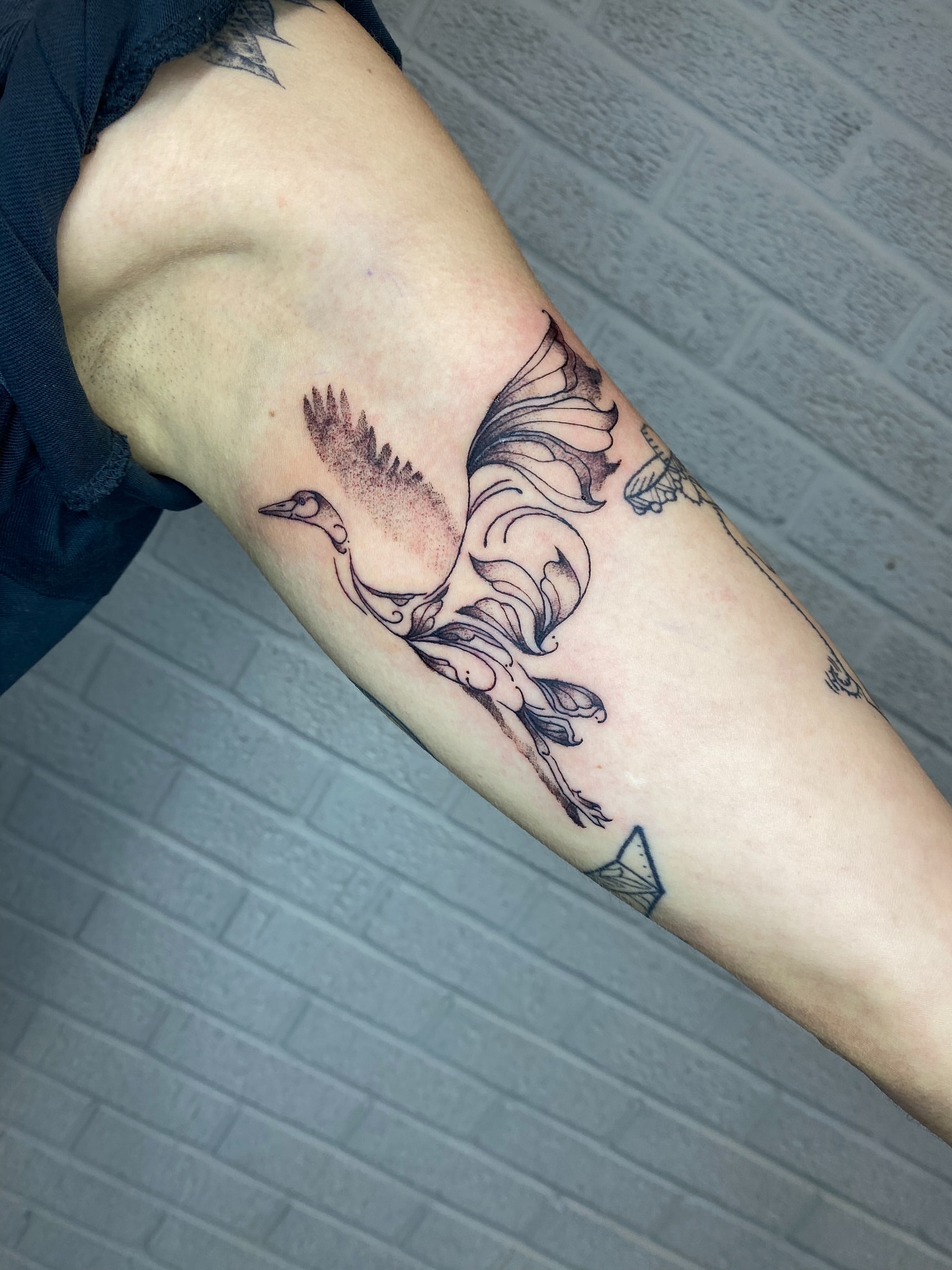 Bird black and grey tattoo on the forearm by Ellena Reggiani