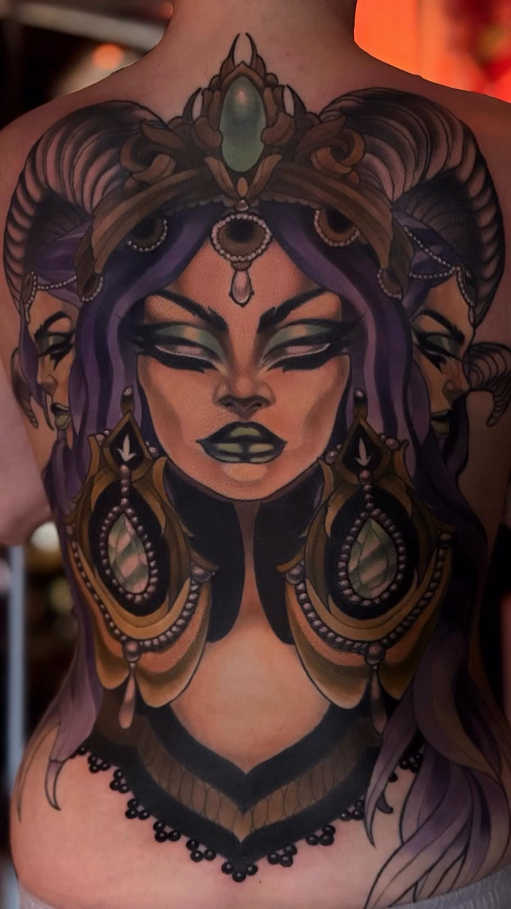 A demonic woman with ram horns neo-traditional tattoo on the torso by ✤ ᴋɪʀᴀ ᴋɴᴏᴡʟᴛᴏɴ ✤