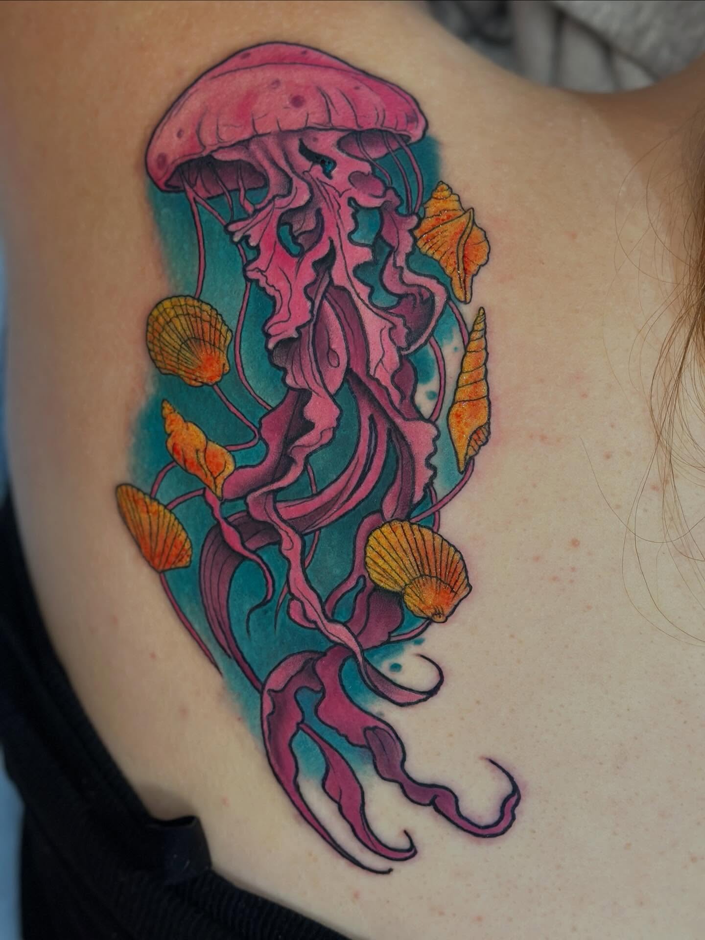 Jellyfish new school tattoo on the ribs by Ty Pallotta, Austin, Texas