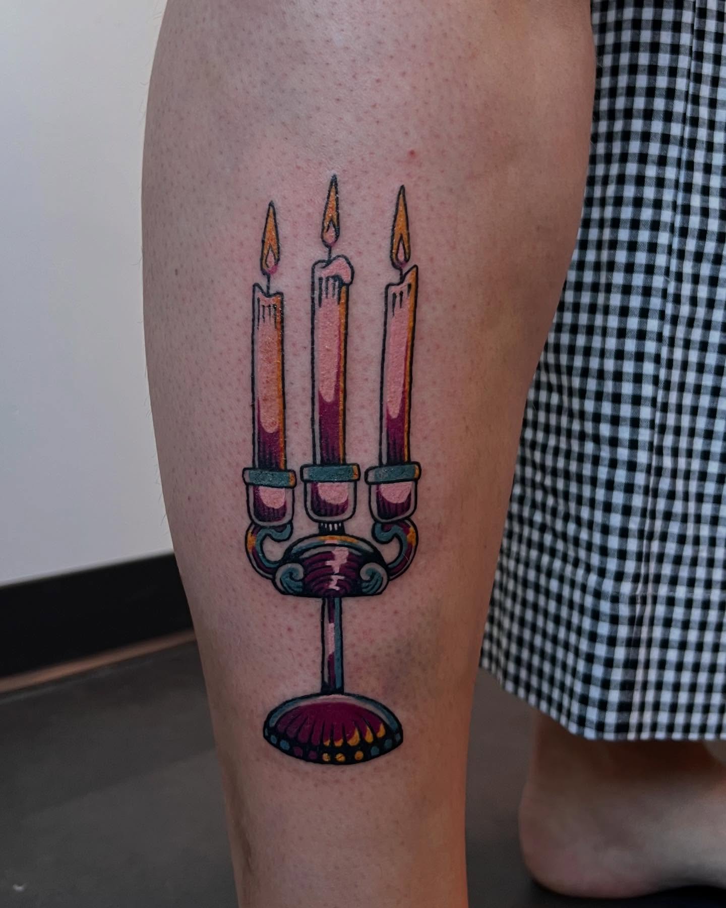 Candle holder new school tattoo on the thigh by rachel