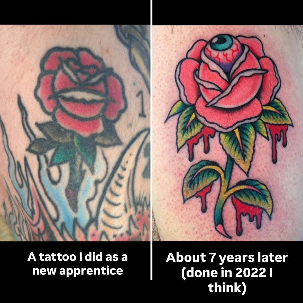 Rose American traditional tattoo on the upper arm by Randy Conner, Portland, Oregon
