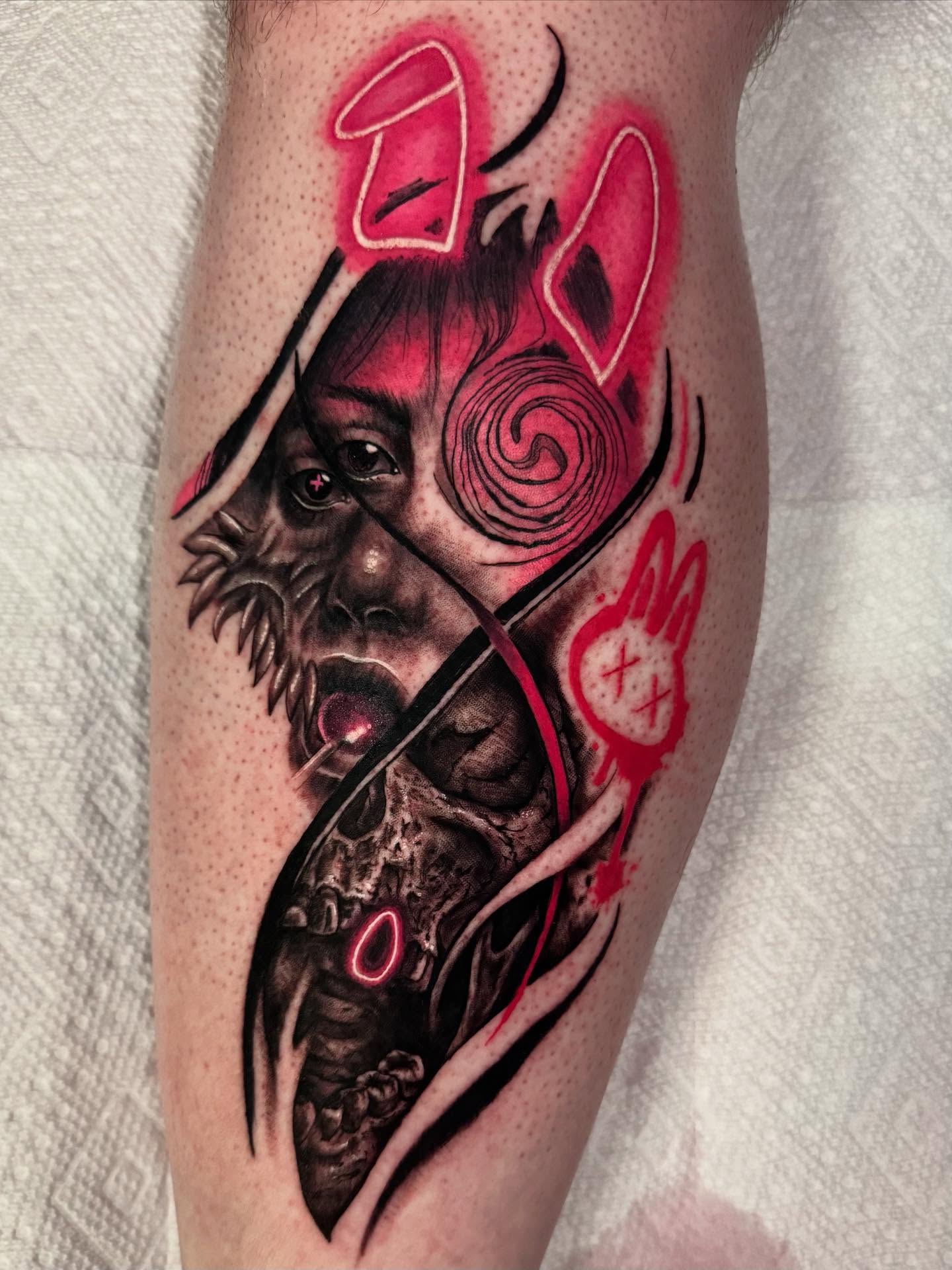 Tattoo by @lovebeavertattoo — dark_realism, trash_polka