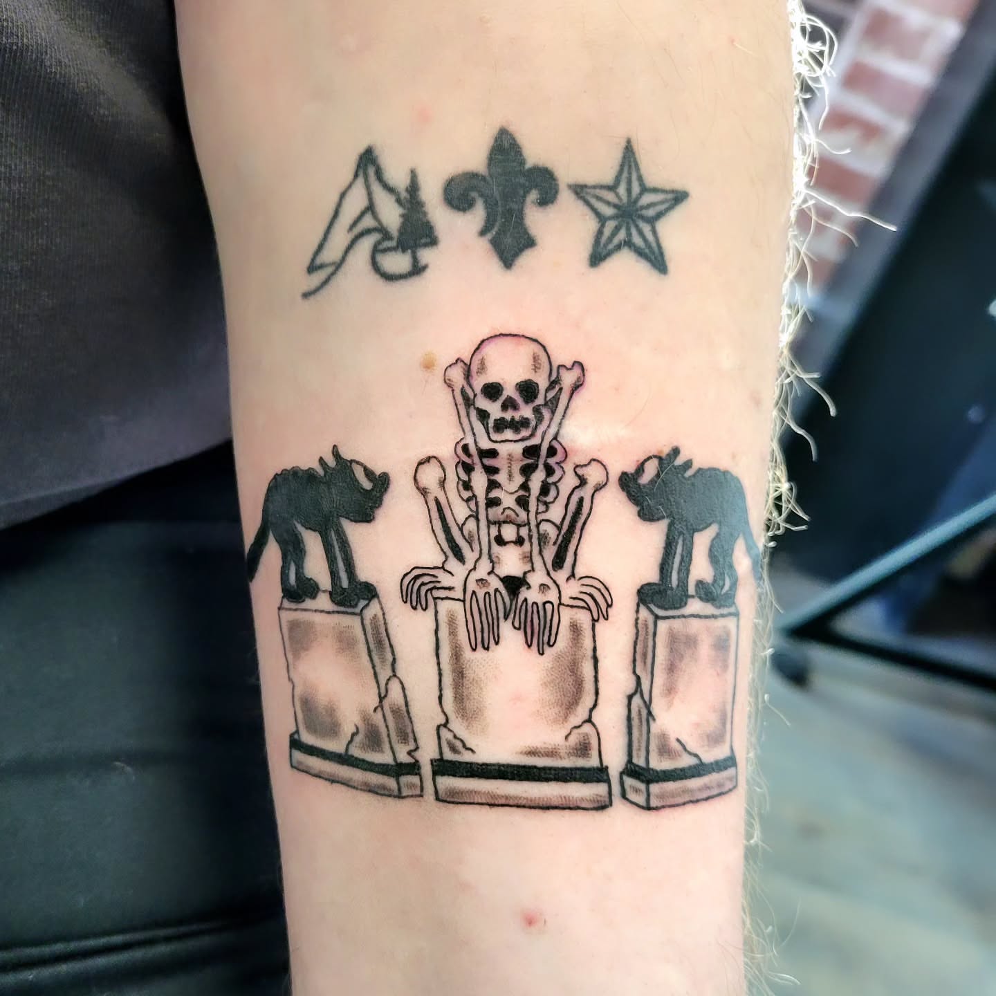 Skeleton with animals black and grey tattoo on the forearm by Kyle - Portland Oregon Tattoo Artist