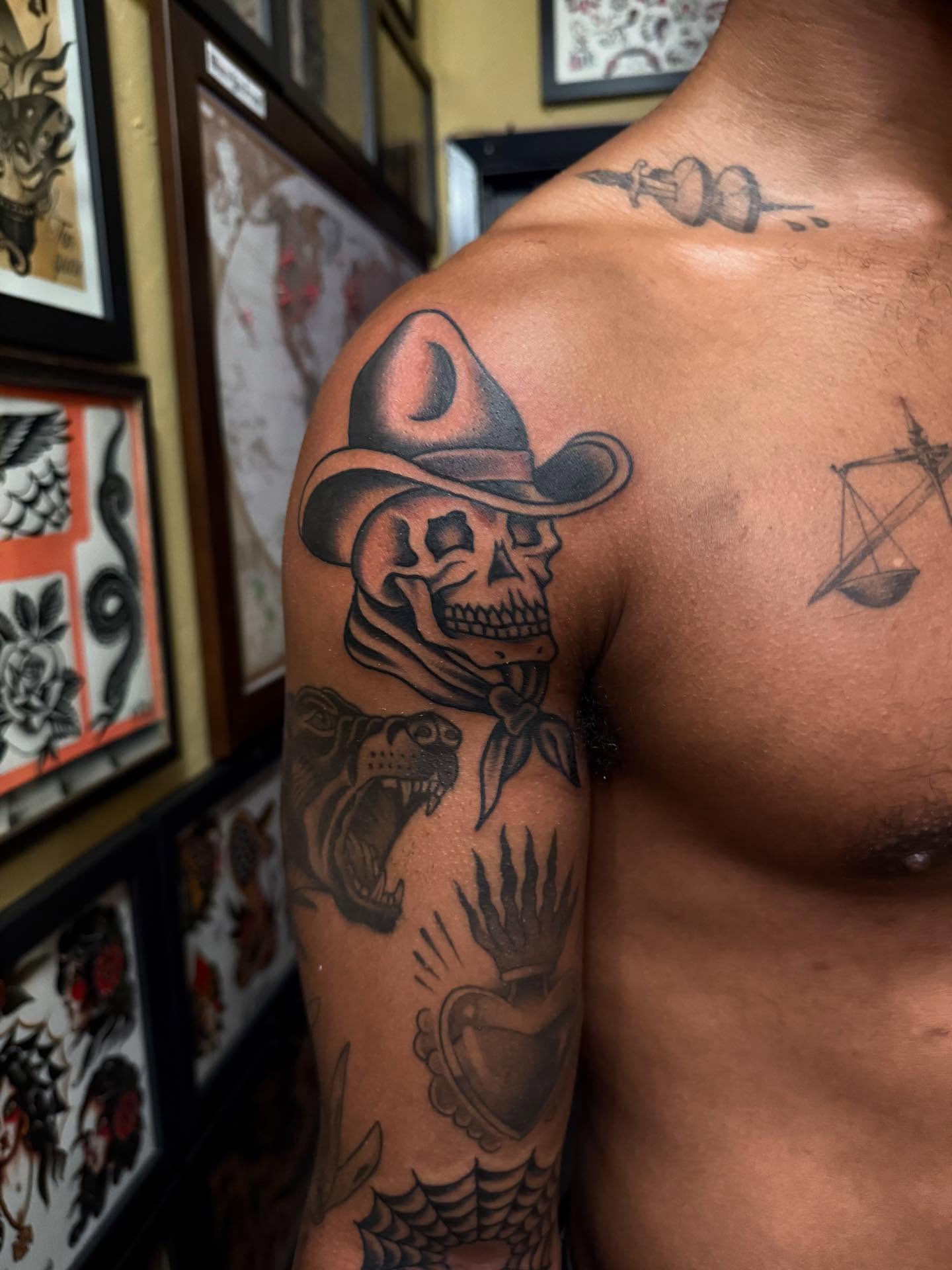 Cowboy skull American traditional tattoo on the shoulder by Ross K. Jones Tattoos, San Francisco, California
