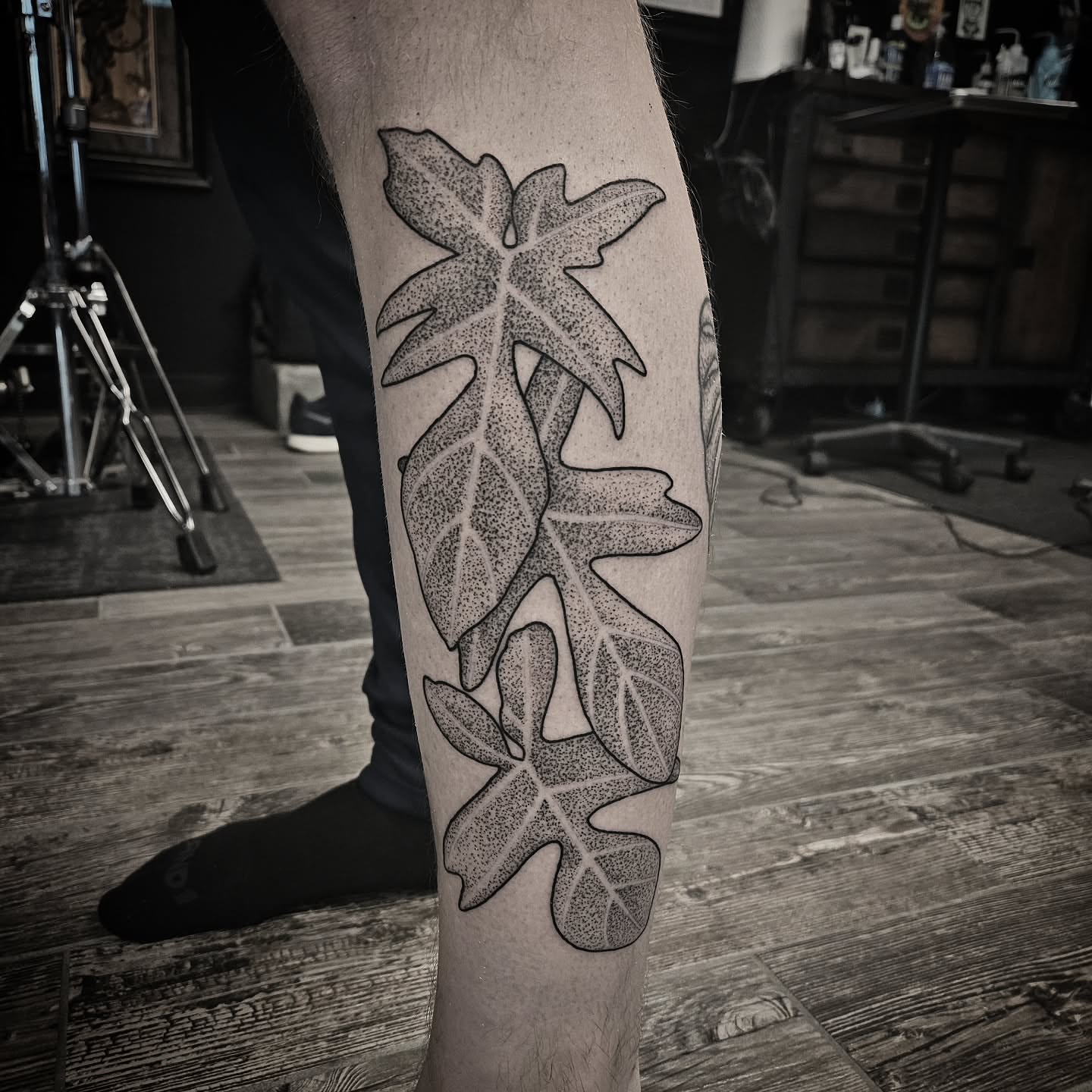 Leaf dotwork tattoo on the forearm by Kirk George