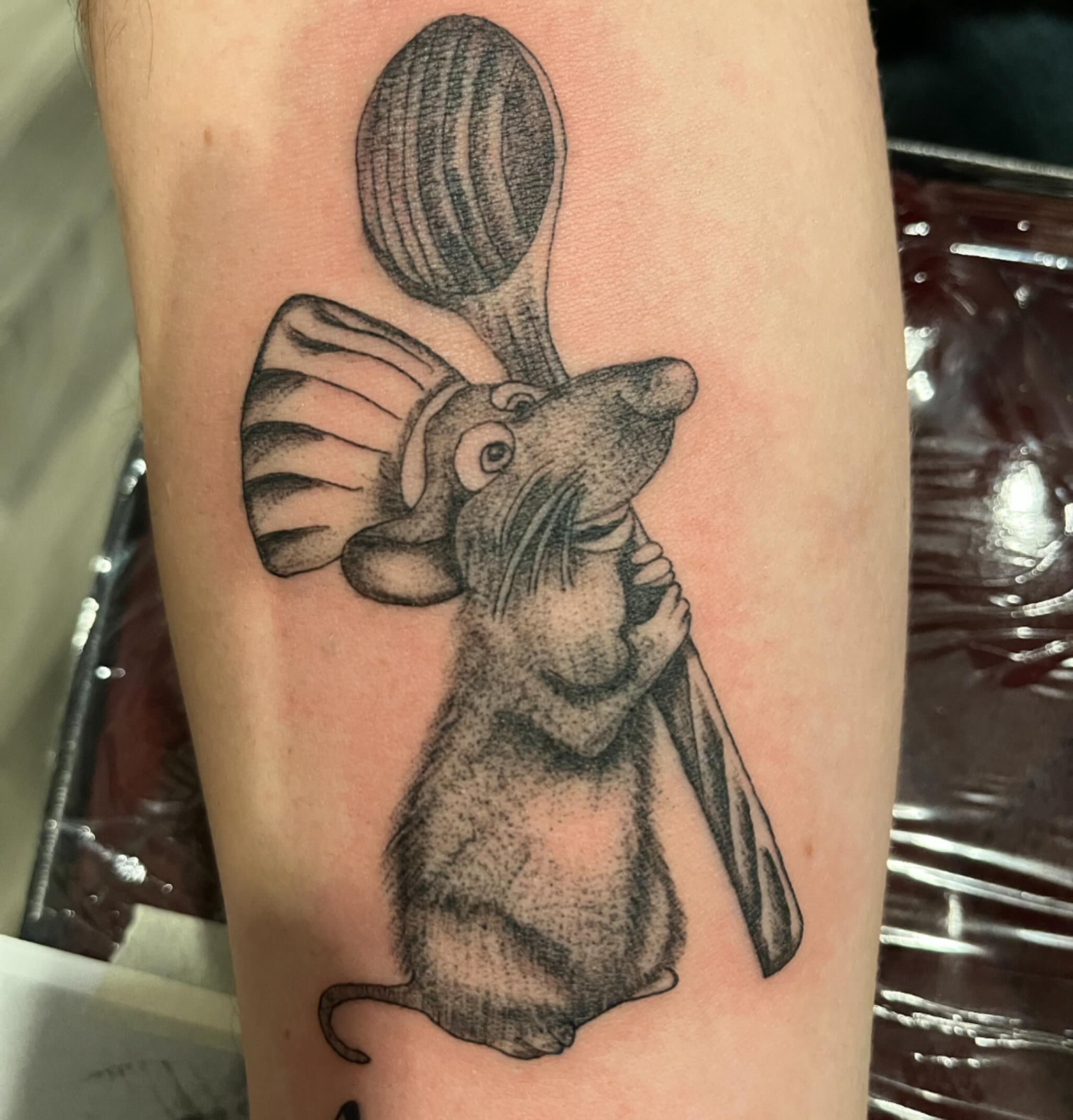 Mouse with spoon dotwork tattoo on the forearm by P R O P H e T T R A V I S