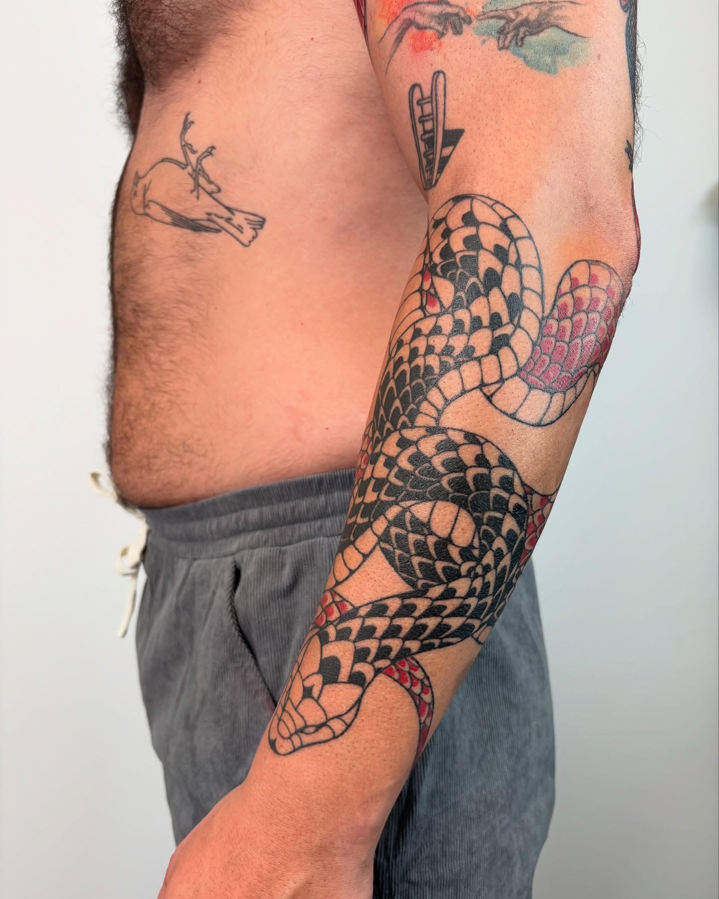 Snake American traditional tattoo on the forearm by Kuya, Berkeley, California
