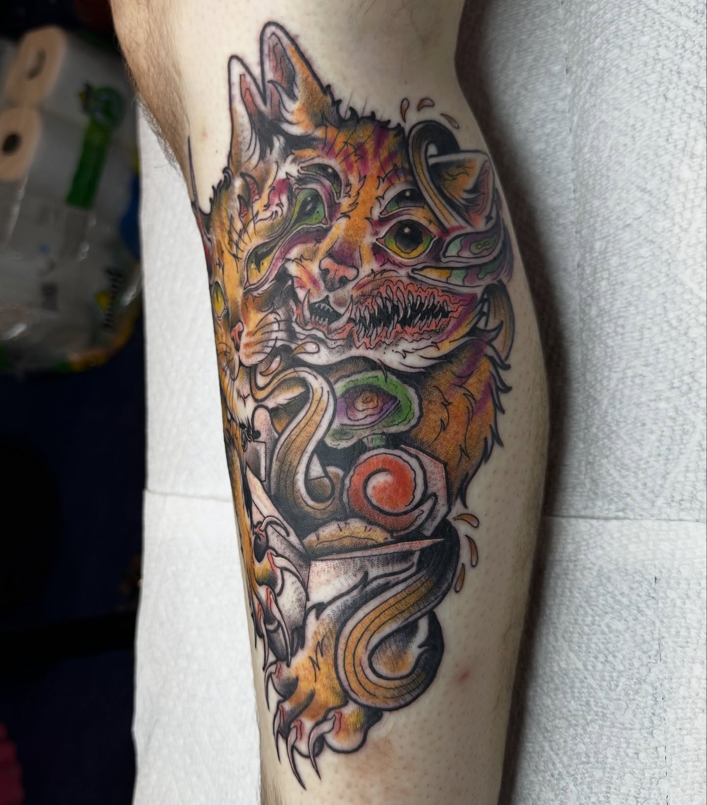 Cat new school tattoo on the forearm by 🦷J.McHugh🦷
