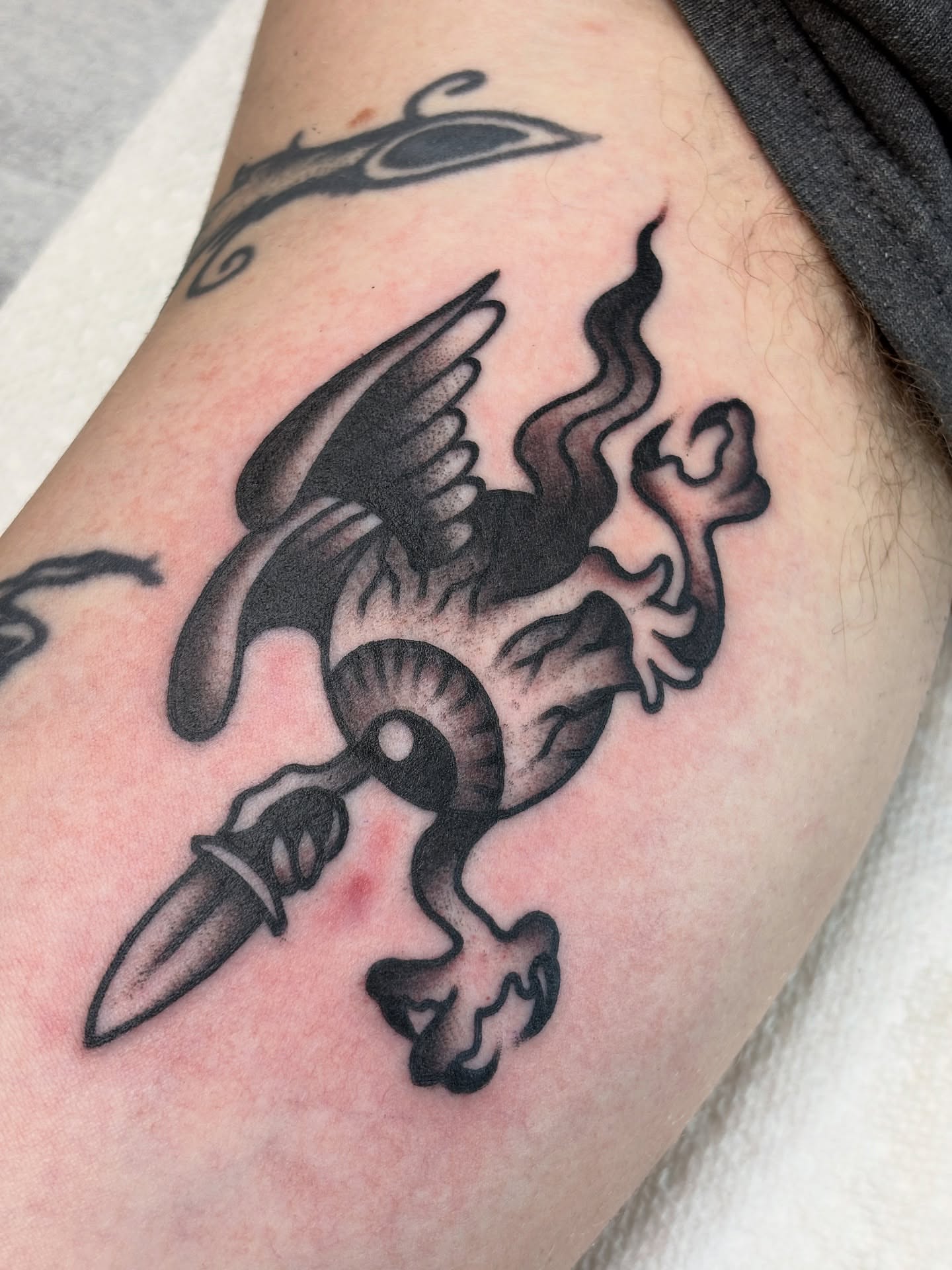 Griffin black and grey tattoo on the forearm by Mike DiCicco