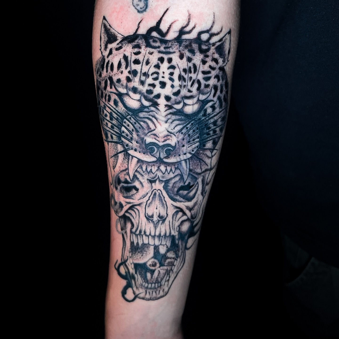 Jaguar skull realism tattoo on the forearm by Miguel Henrik