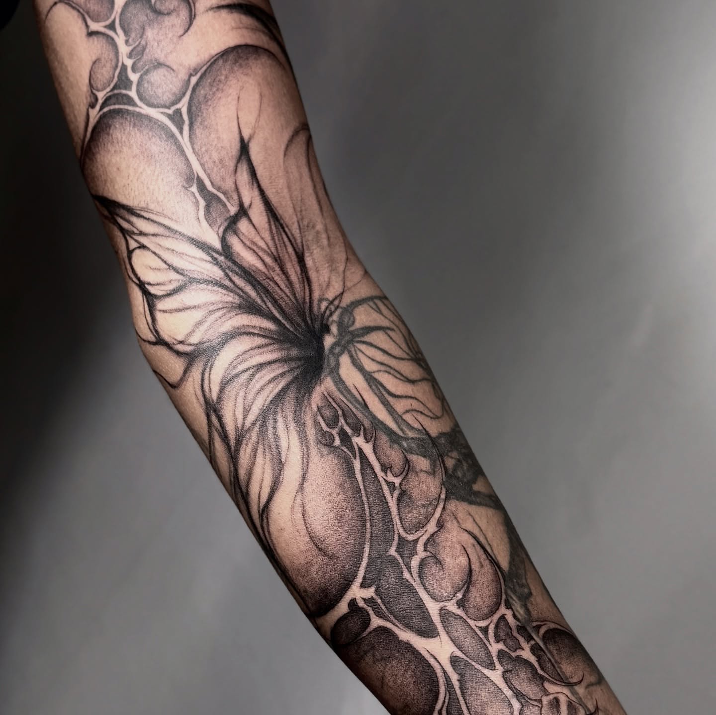 Butterfly black and grey tattoo on the forearm by V เผ๏ธ ๐๐๐ญ๐ญ๐จ๐จ ๐๐ซ๐ญ๐ข๐ฌ๐ญ