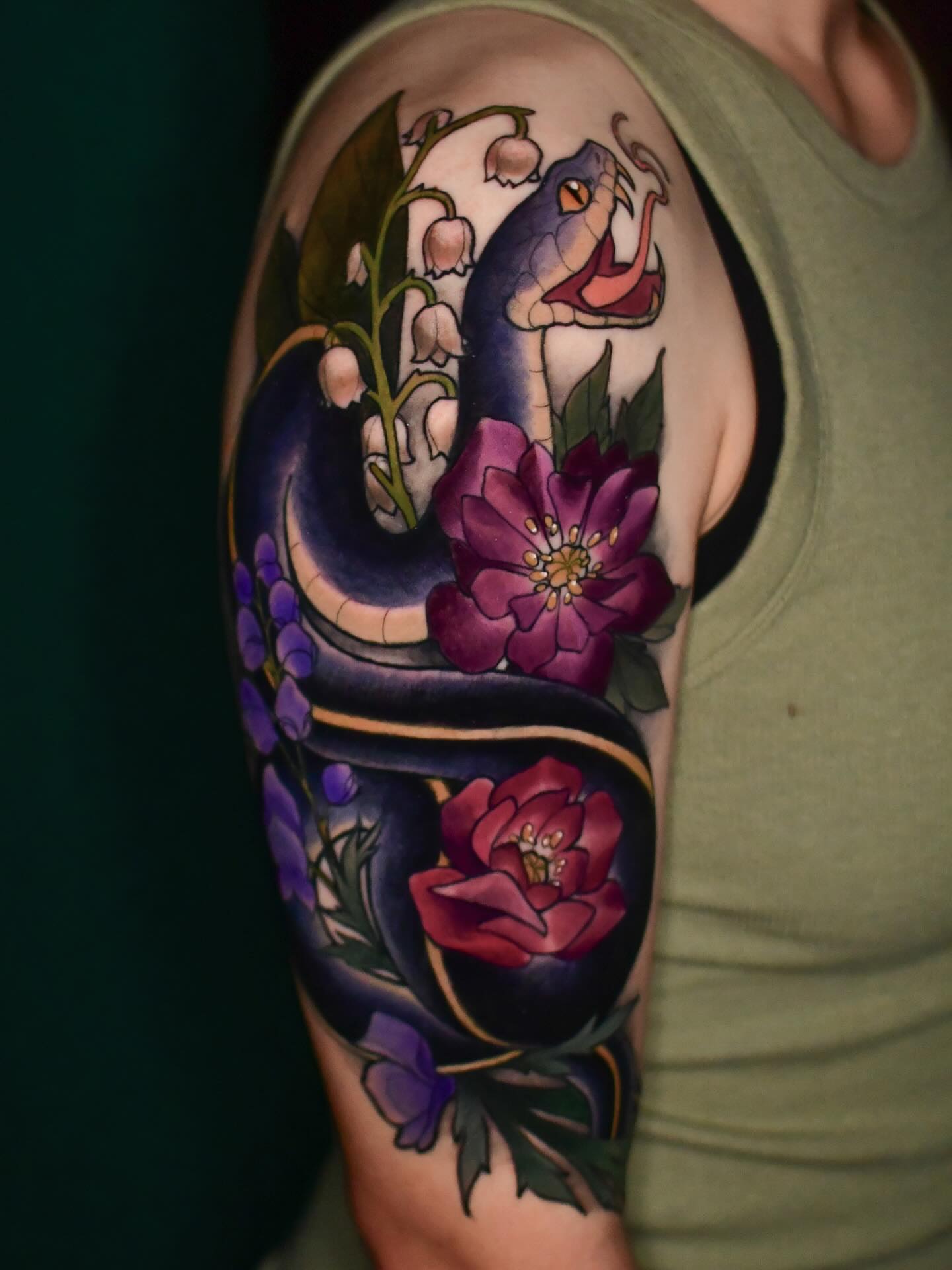 Snake and flowers American traditional tattoo on the forearm by Karina πΌ Orange County Tattoo Artist
