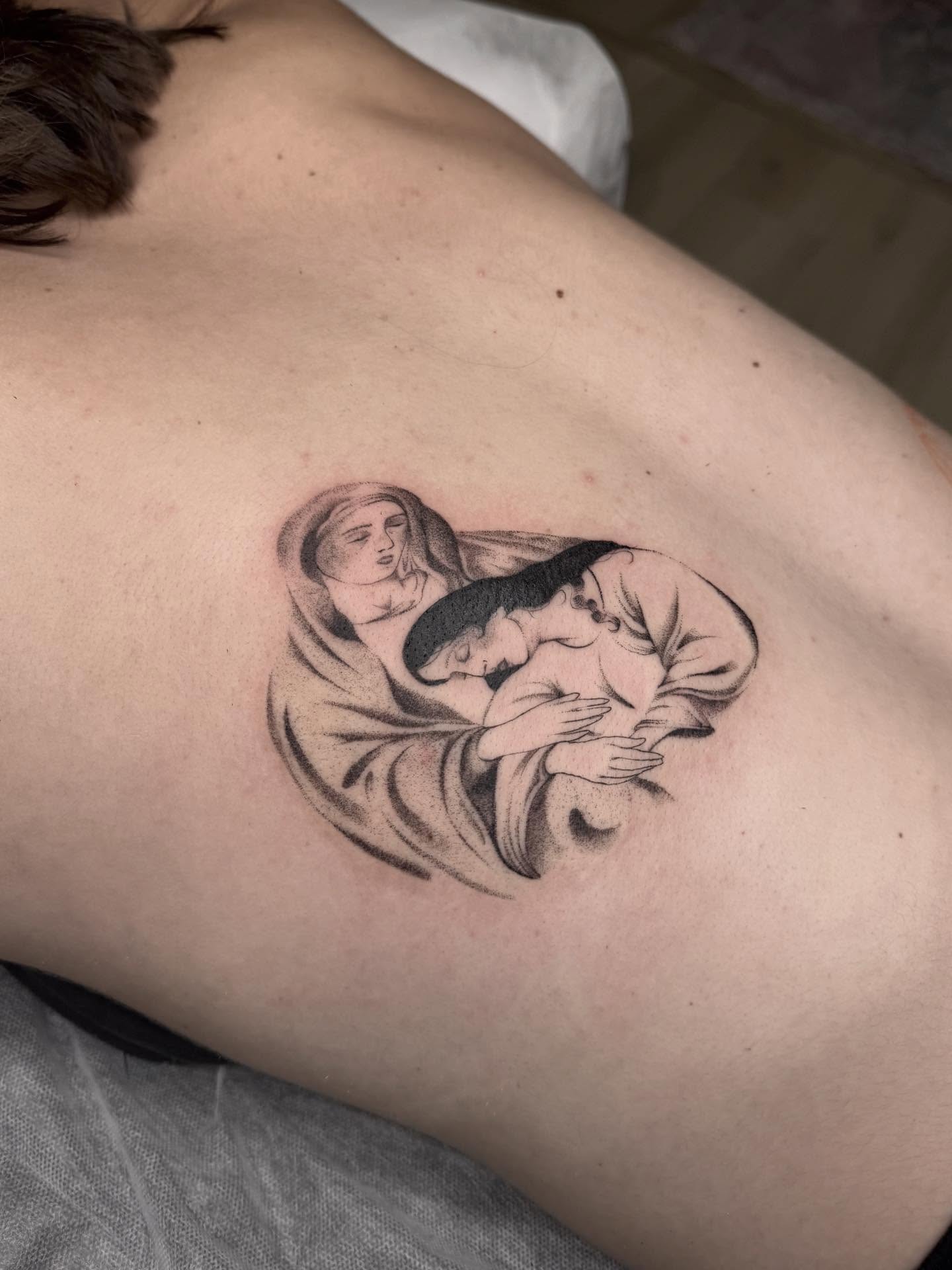 Mother and child black and grey tattoo on the back by 🗡Addie Kat🗡