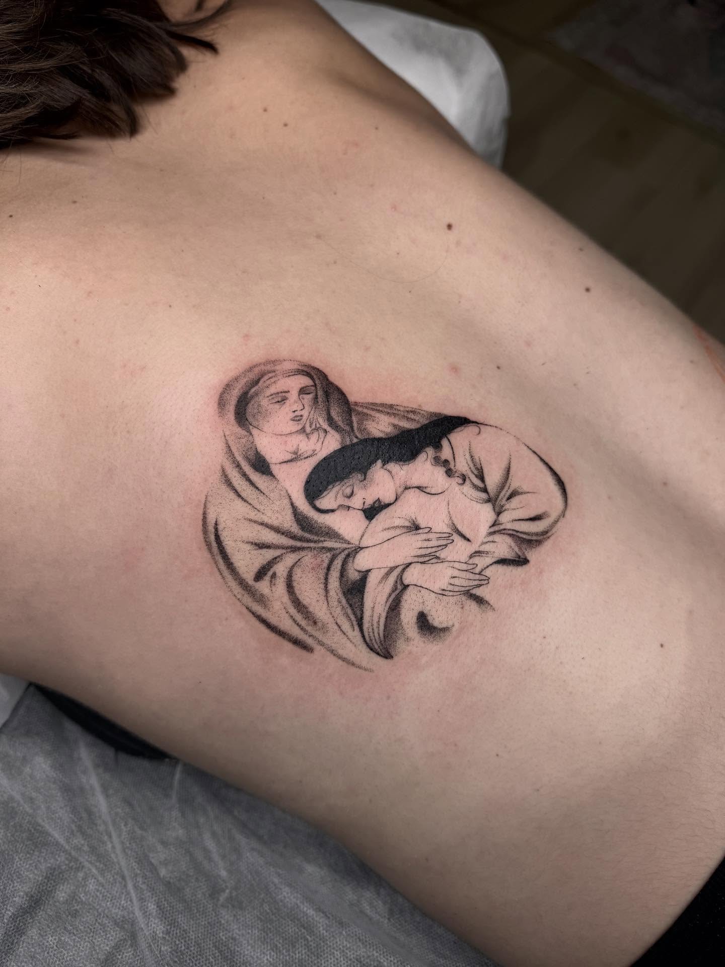 Mother and child black and grey tattoo on the back by 🗡Addie Kat🗡