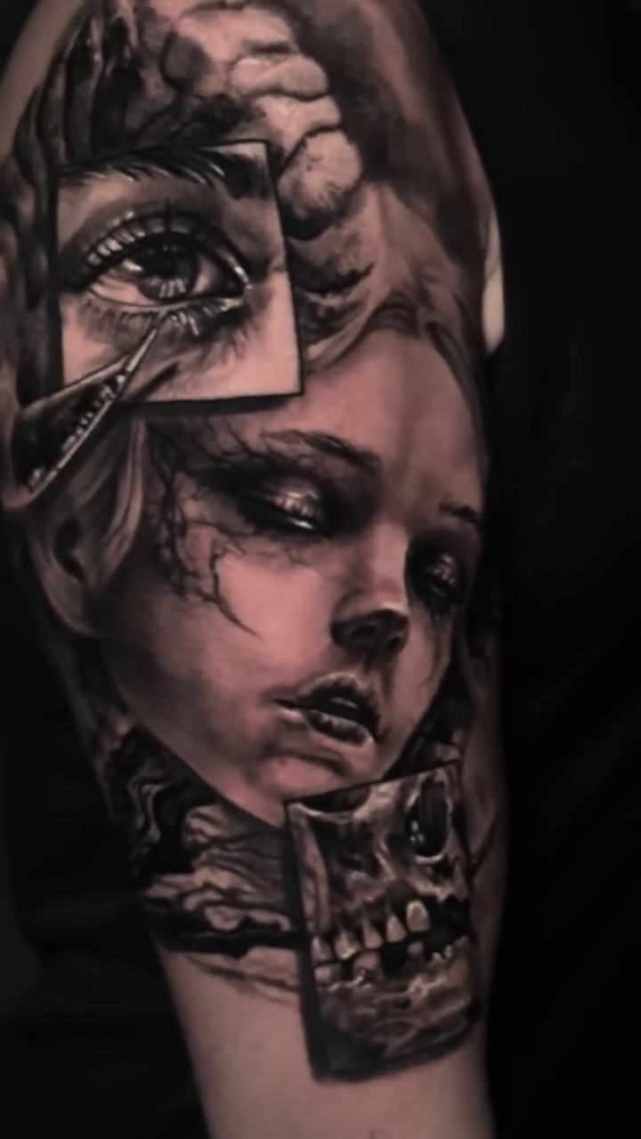 Tattoo by @kmoore_tattoos — dark_realism, black_and_grey