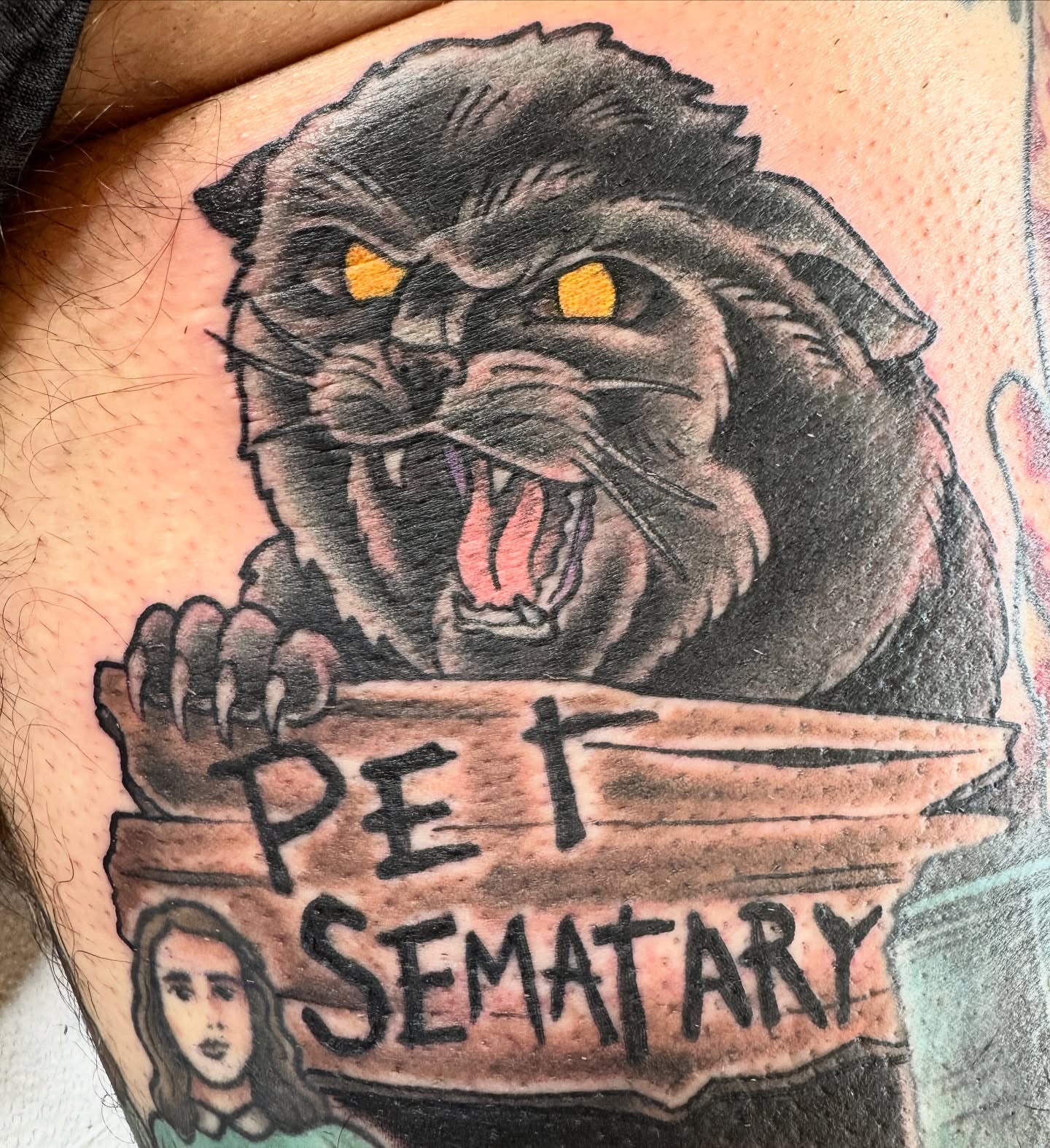 Pet sematary realism tattoo on the thigh by Cary Aldridge