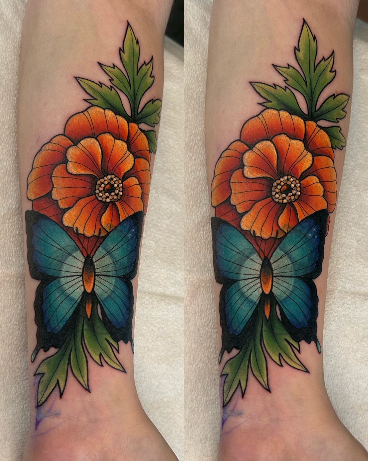 Flower and butterfly American traditional tattoo on the forearm by Kim Goff - Special K