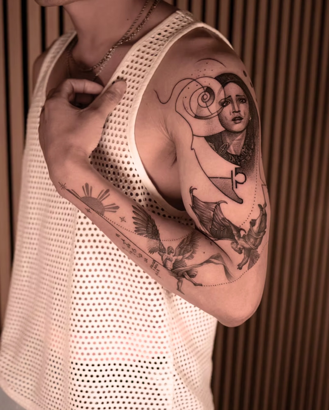Portrait with celestial elements realism tattoo on the shoulder by Mark D, Los Angeles, California