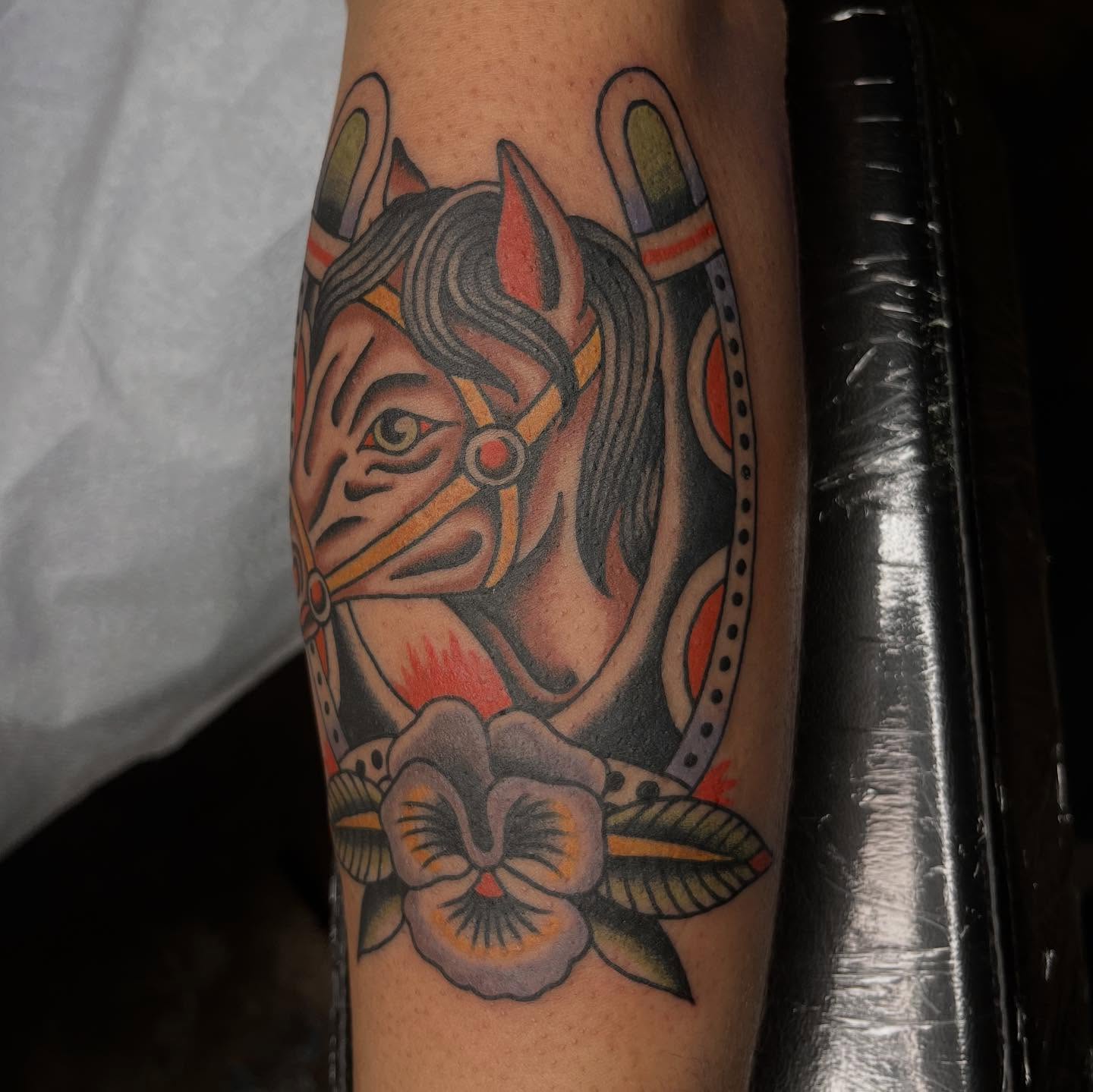 Horse head American traditional tattoo on the forearm by Nicole💀, Salt Lake City, Utah
