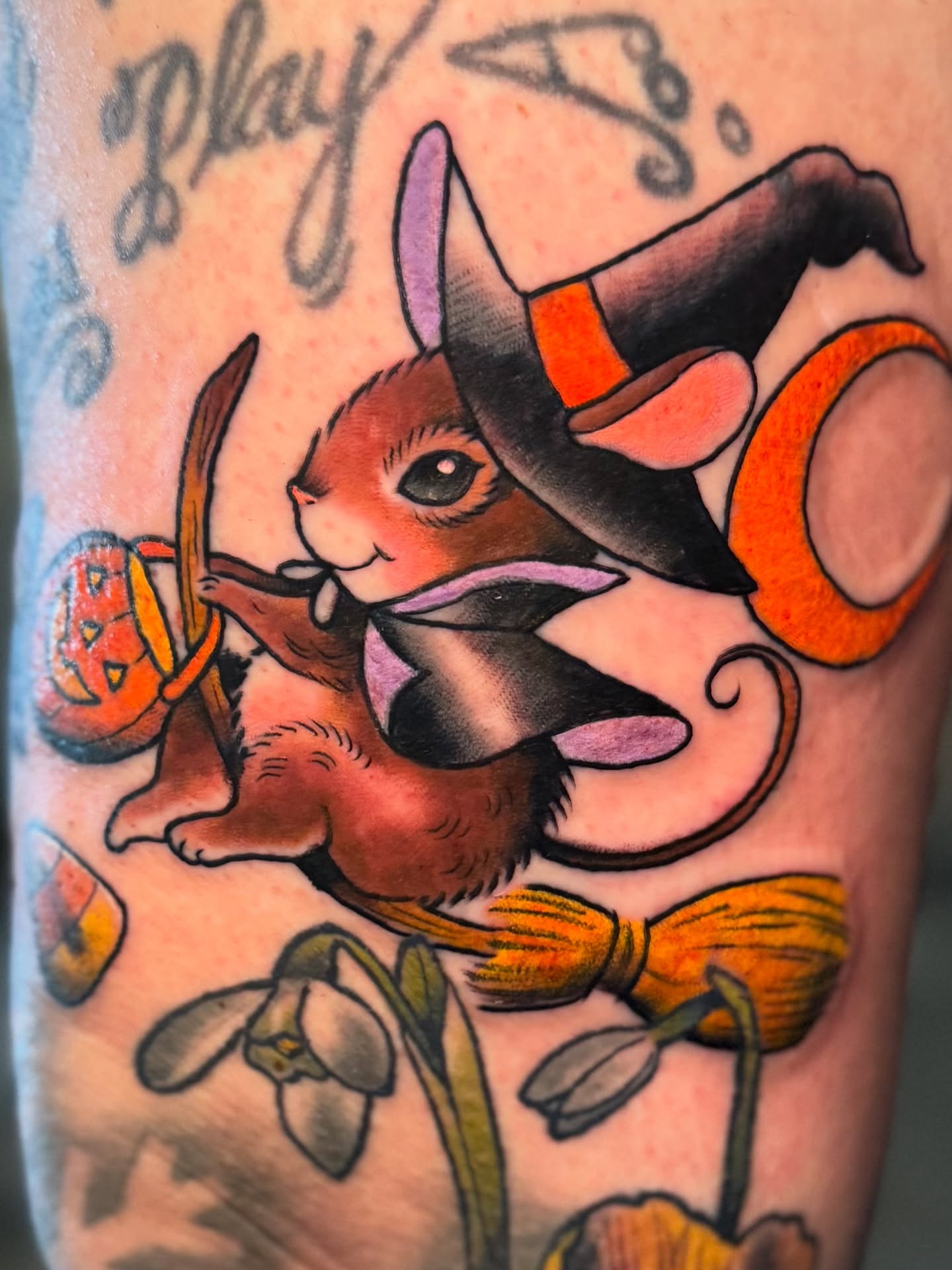 Halloween rabbit American traditional tattoo on the forearm by Stacey Martin Smith