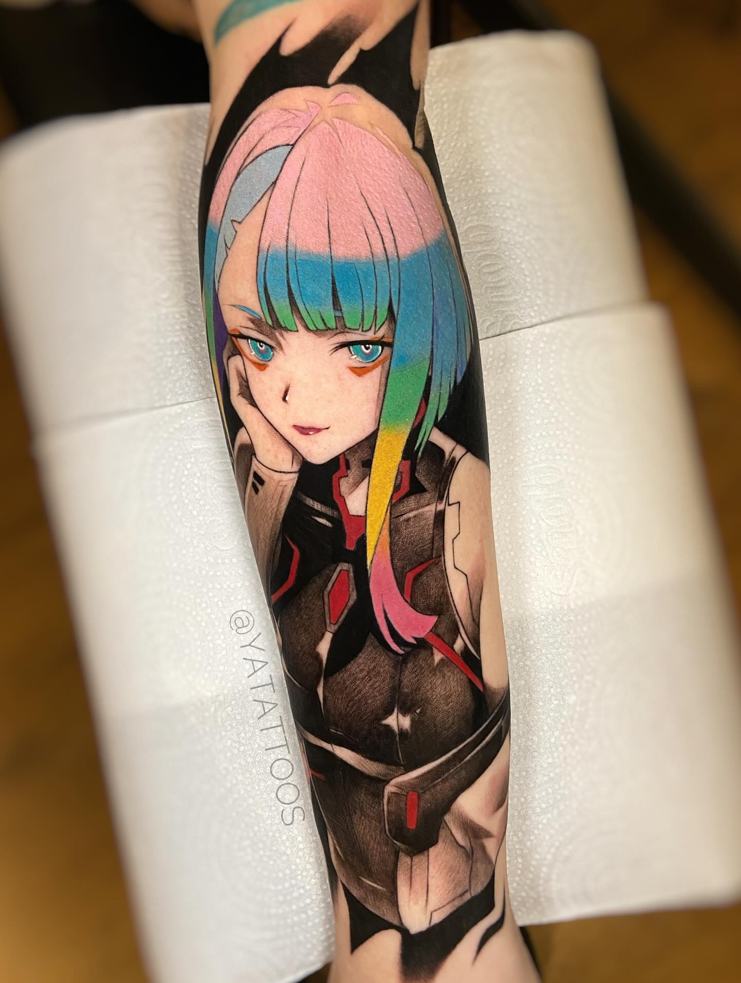 Anime character anime tattoo on the forearm by Yasmin Almeida