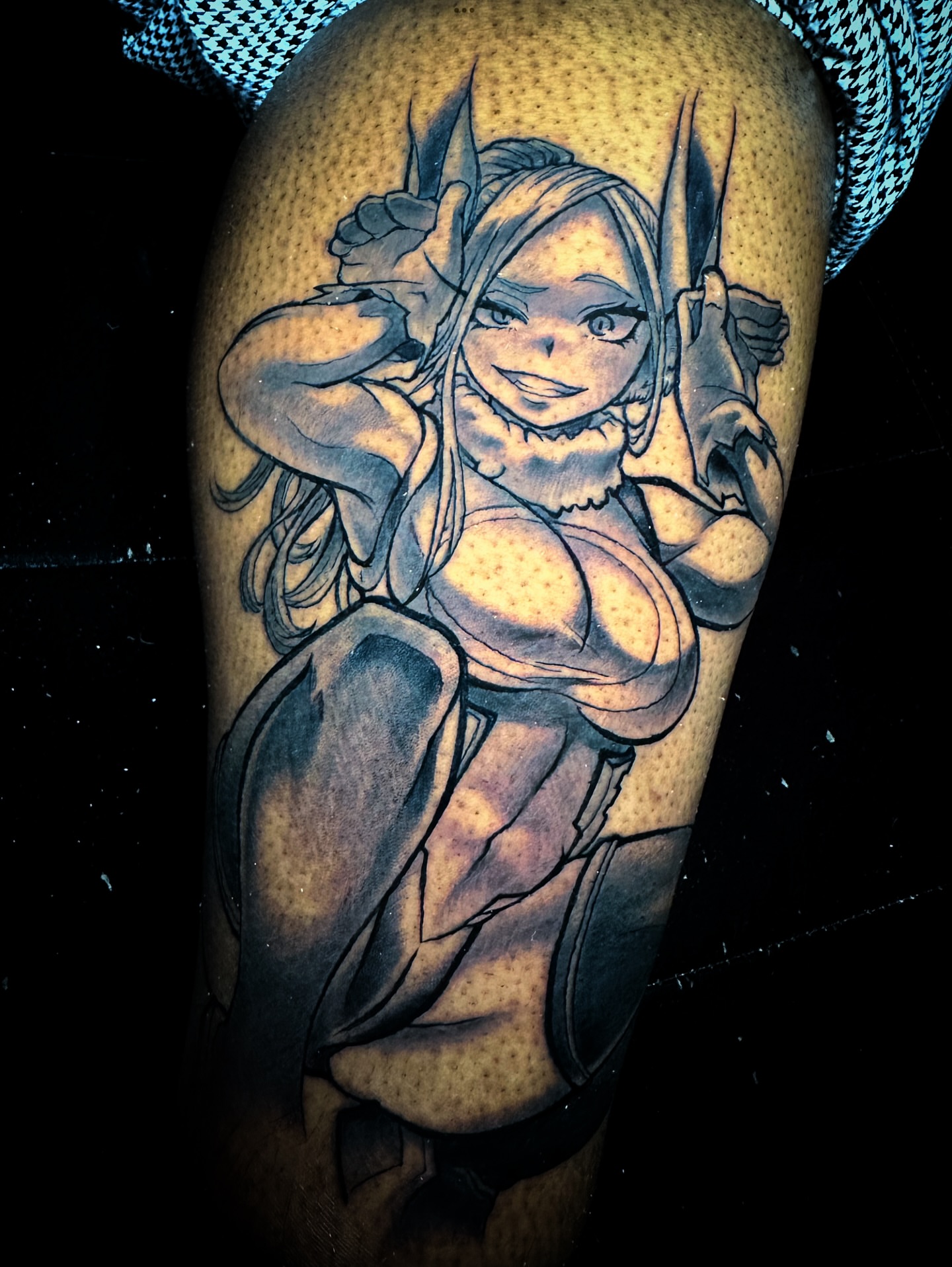 Anime character anime tattoo on the thigh by Davone Joyner, Richmond, Virginia