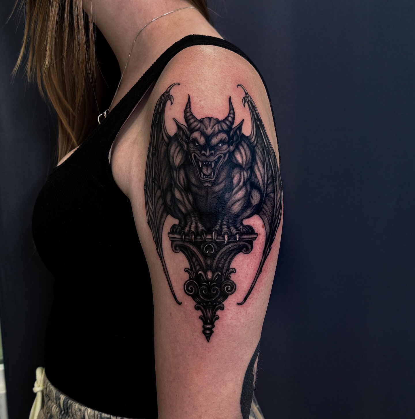 Demon dark realism tattoo on the shoulder by utah tattoo artist